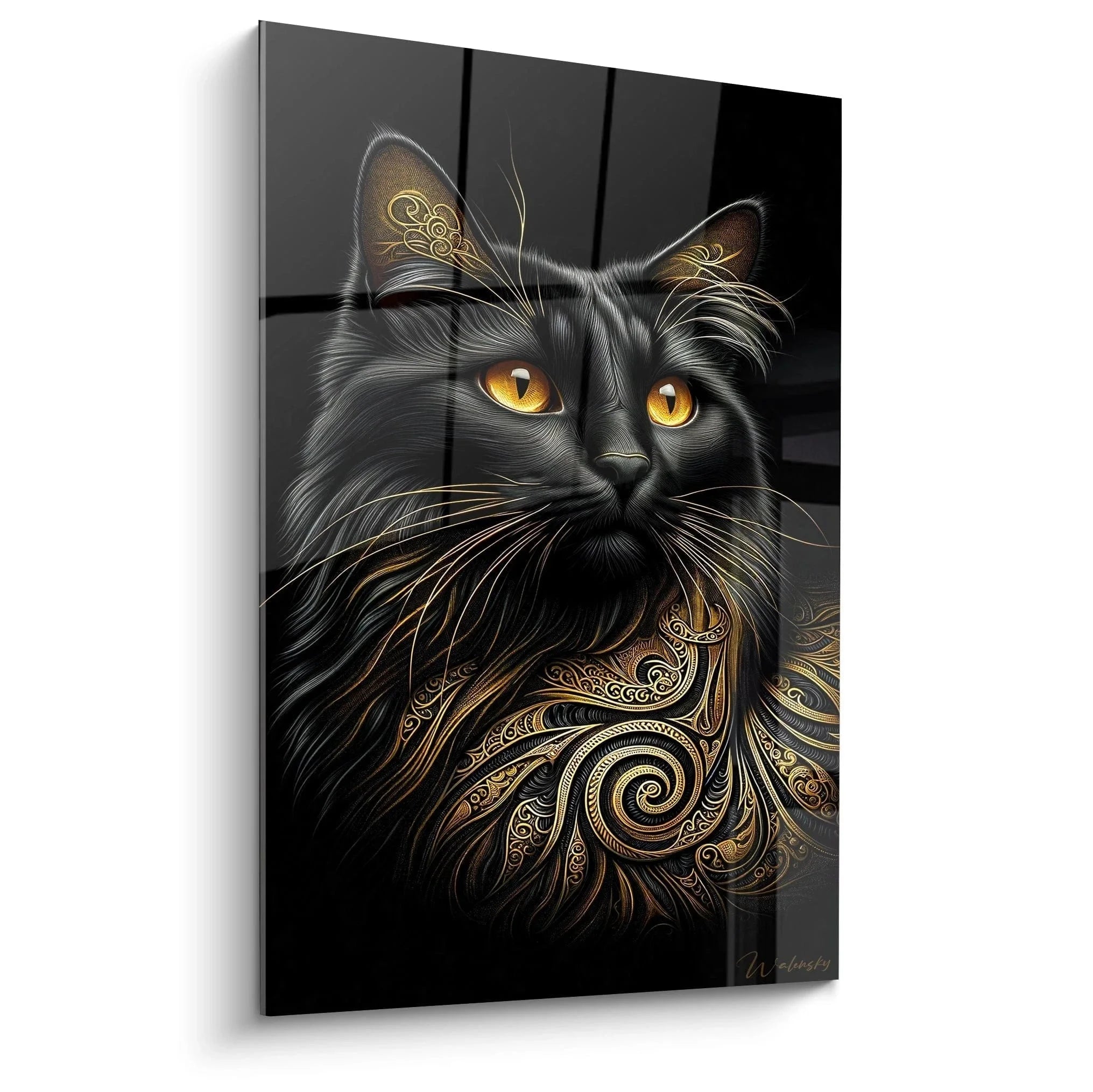 Wandbild schwarze Katze mit goldenen Ornamenten und leuchtenden Augen auf dunklem Hintergrund