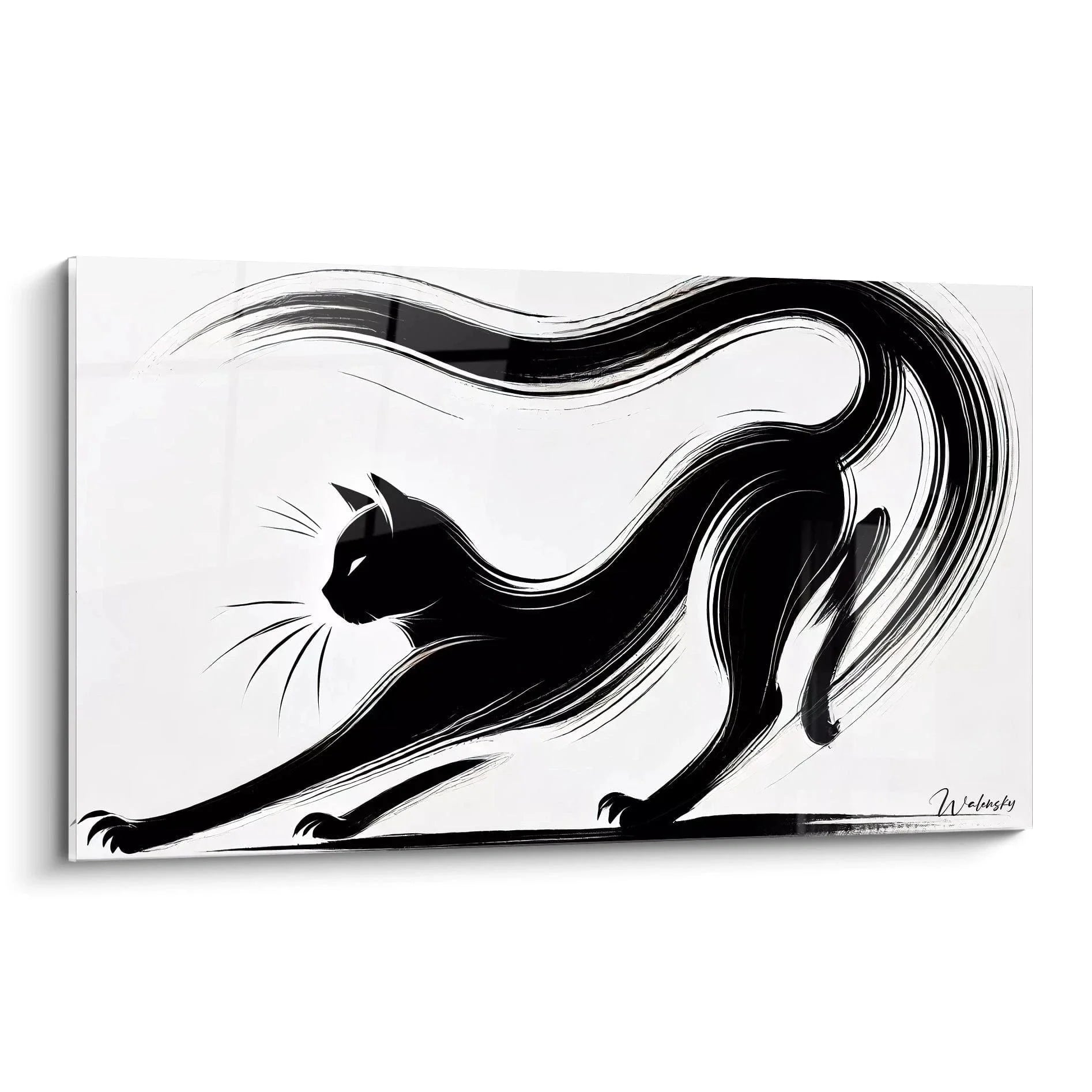 Wandbild schwarze Katze in minimalistischem Schwarz-Weiß Design mit eleganten Pinselstrichen