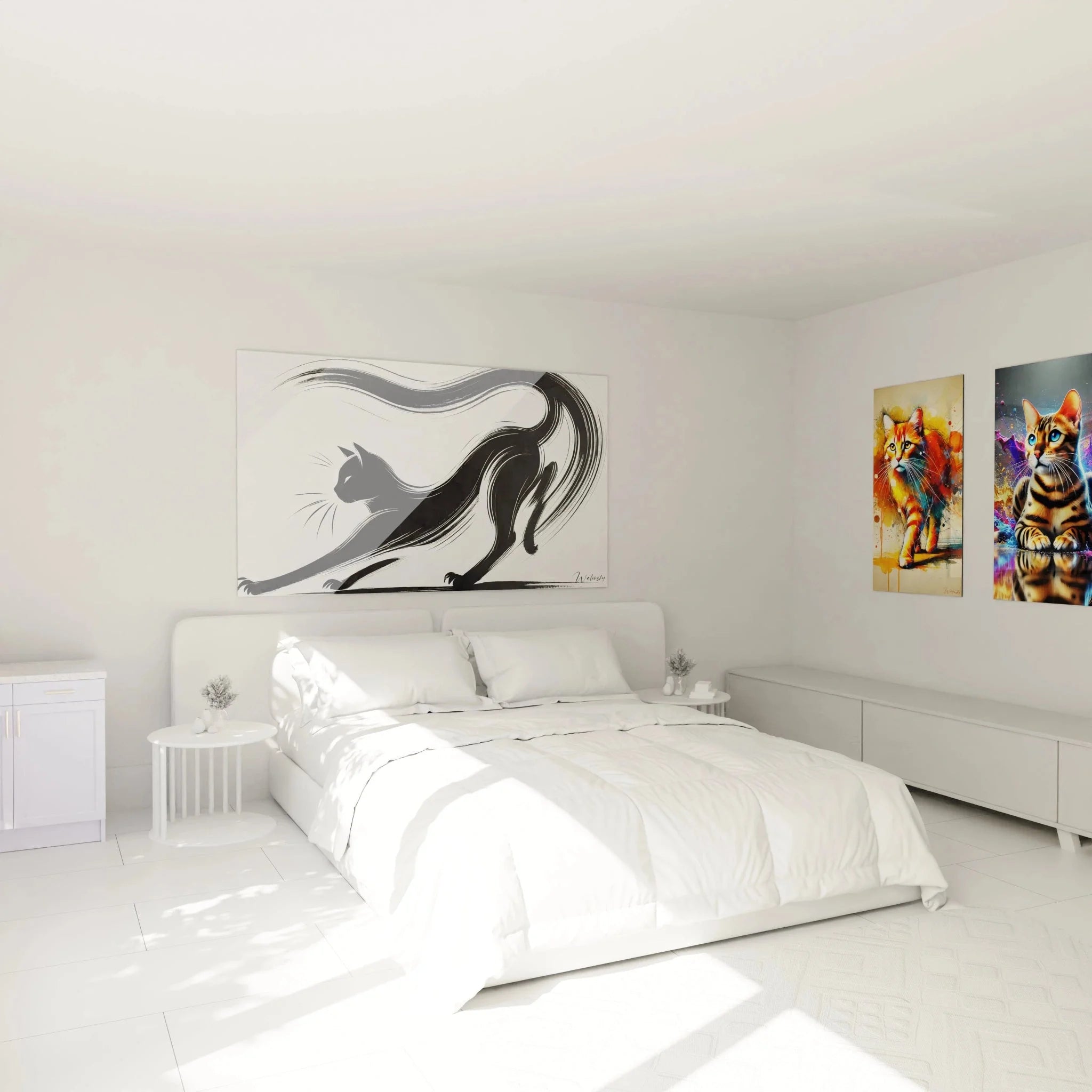 Stilvolles Wandbild schwarze Katze als Schlafzimmer Dekoration in modernem Ambiente