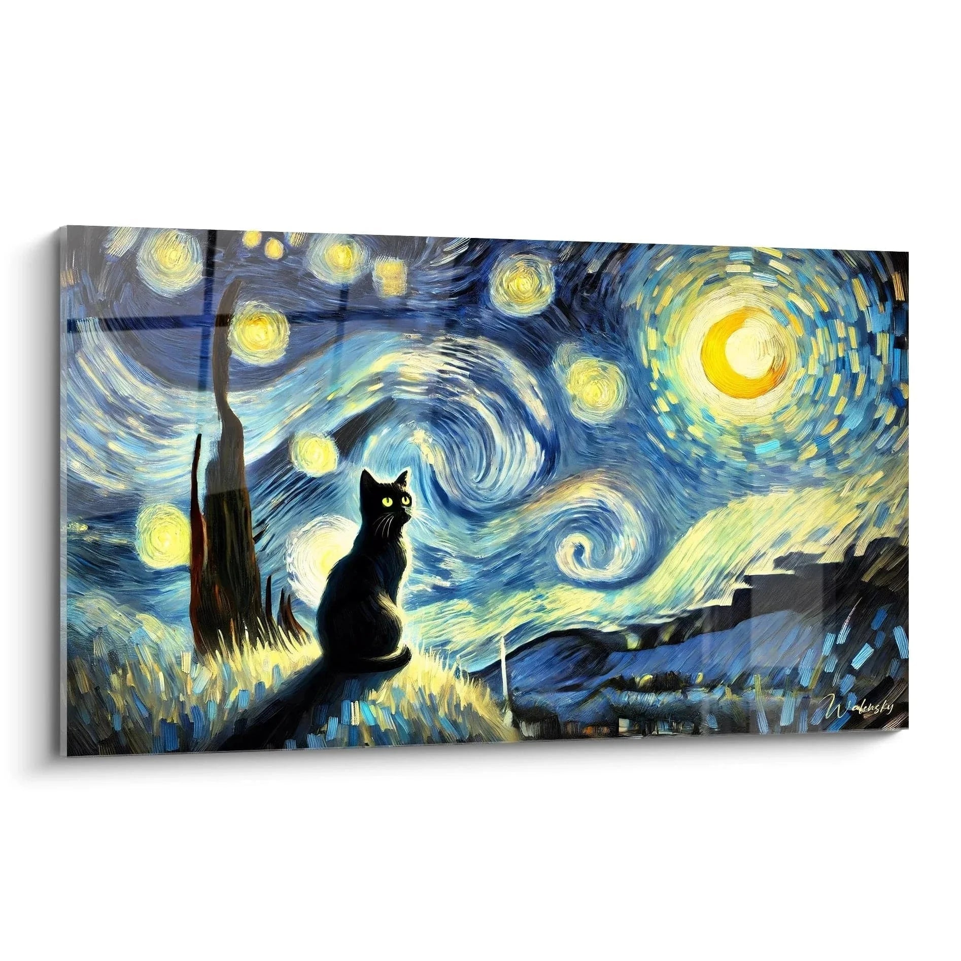 Wandbild schwarze Katze unter Sternenhimmel im Van Gogh Stil mit wirbelnden blauen Wolken