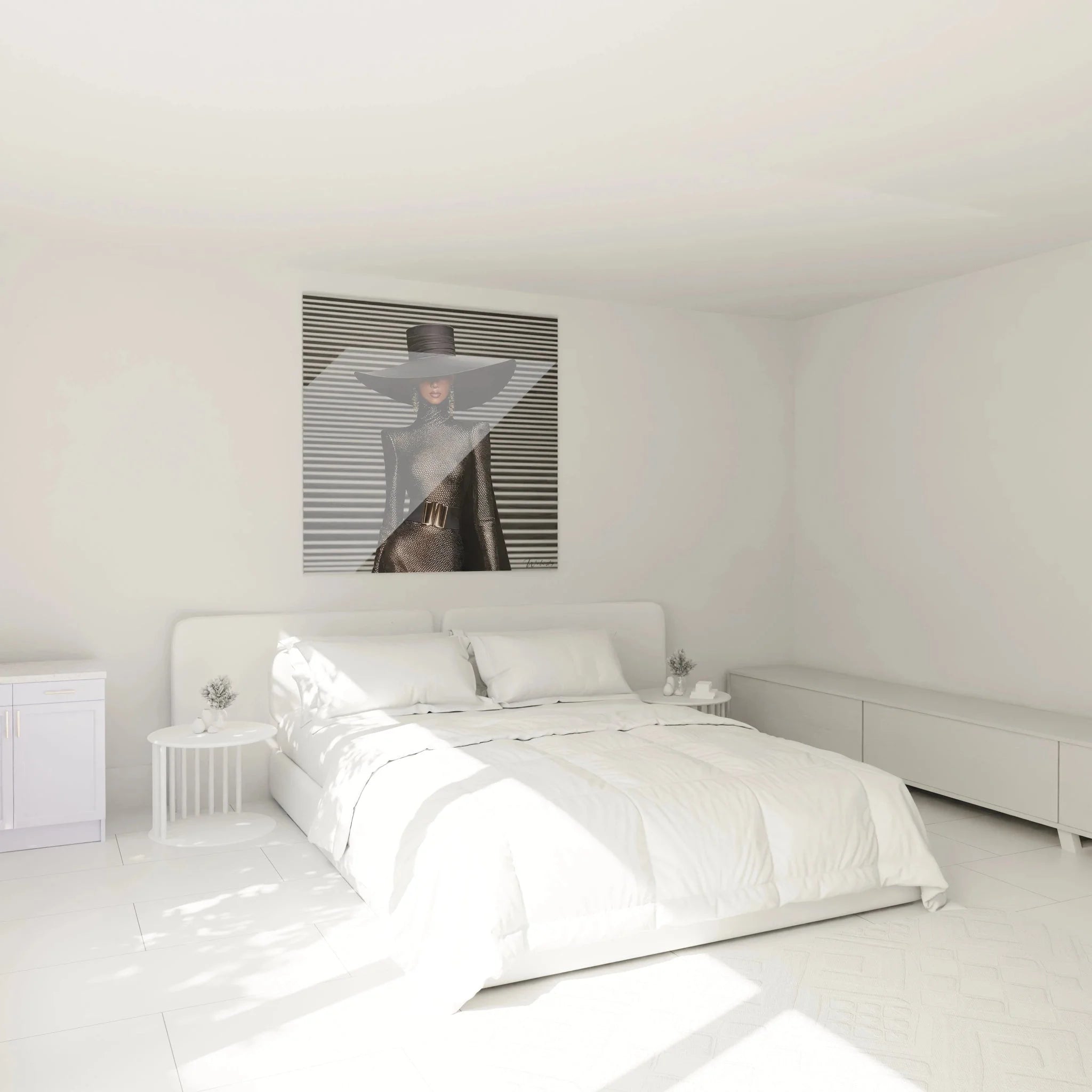 Wandbild elegante Dame schwarzer Hut in modernem Schlafzimmer Ambiente stilvolle Wanddekoration