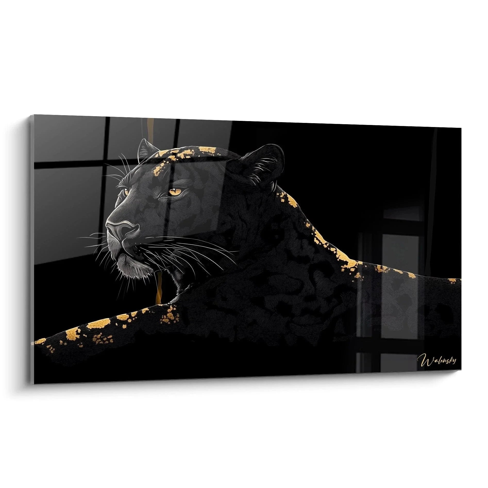 Wandbild schwarzer Jaguar mit goldenen Akzenten - Premium Raubkatzen Kunst für moderne Wohnräume