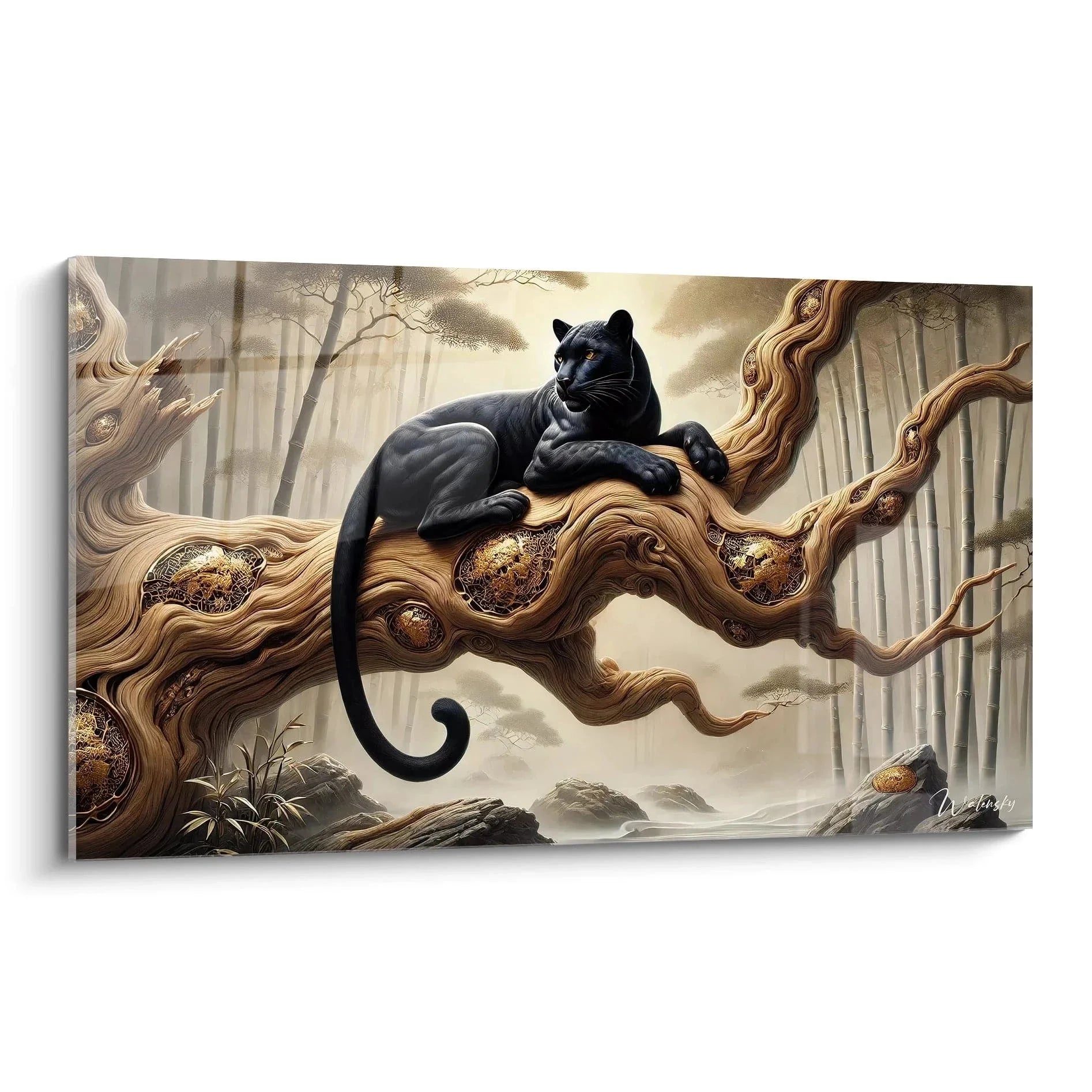 Wandbild schwarzer Panther ruhend auf gewundenem Baumast im mystischen Wald mit warmen Erdtönen