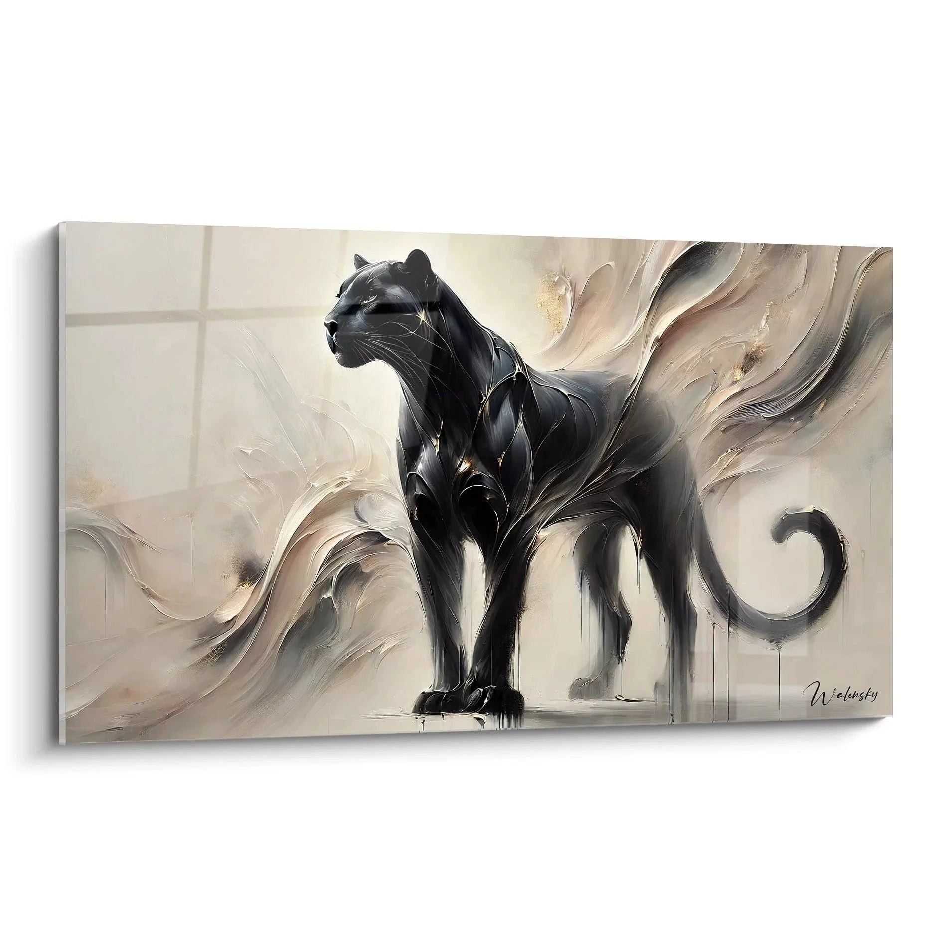 Wandbild schwarzer Panther elegant in moderner Malerei mit abstrakten Hintergrundelementen