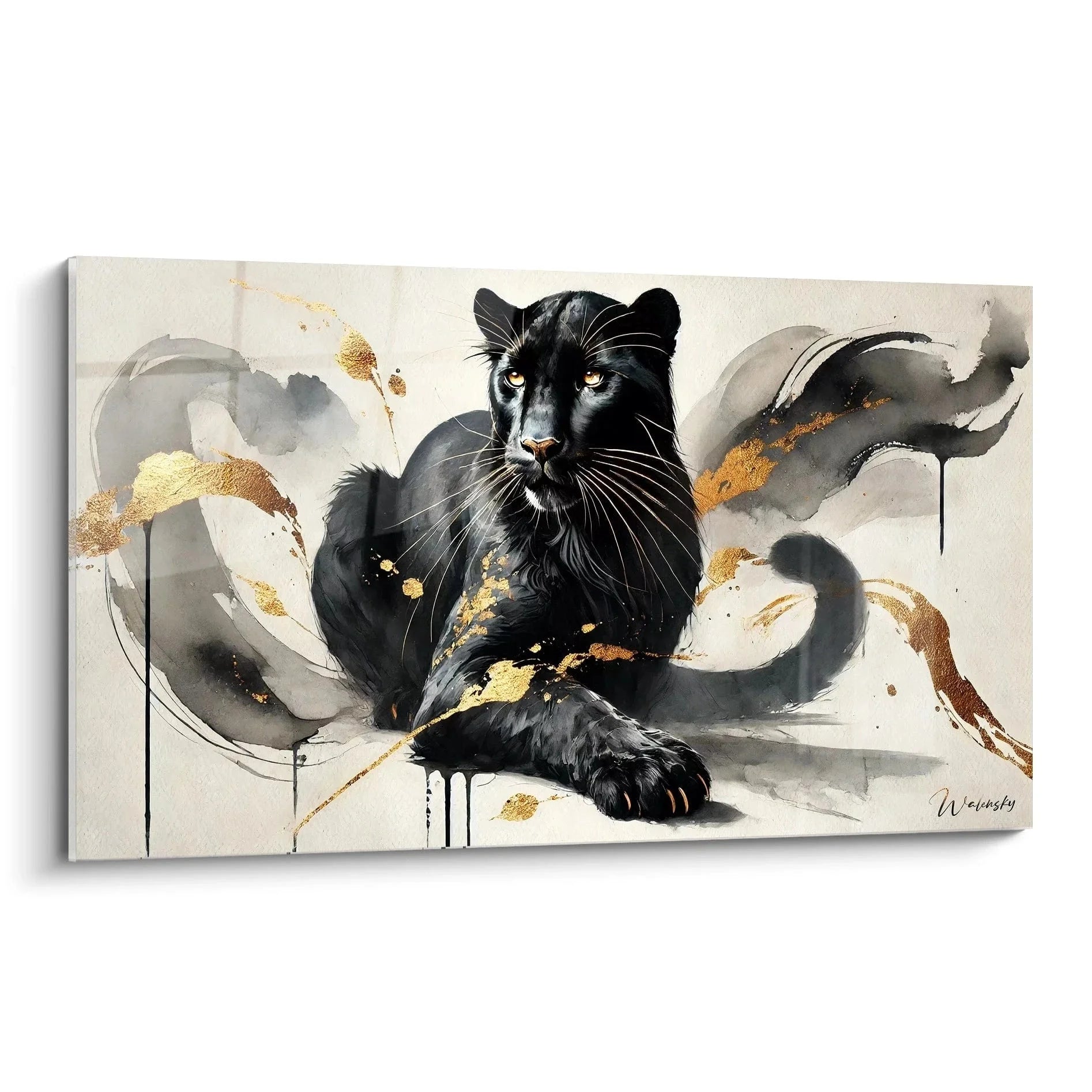 Wandbild Schwarzer Panther mit goldenen Akzenten und abstrakten Pinselstrichen in Aquarell-Optik