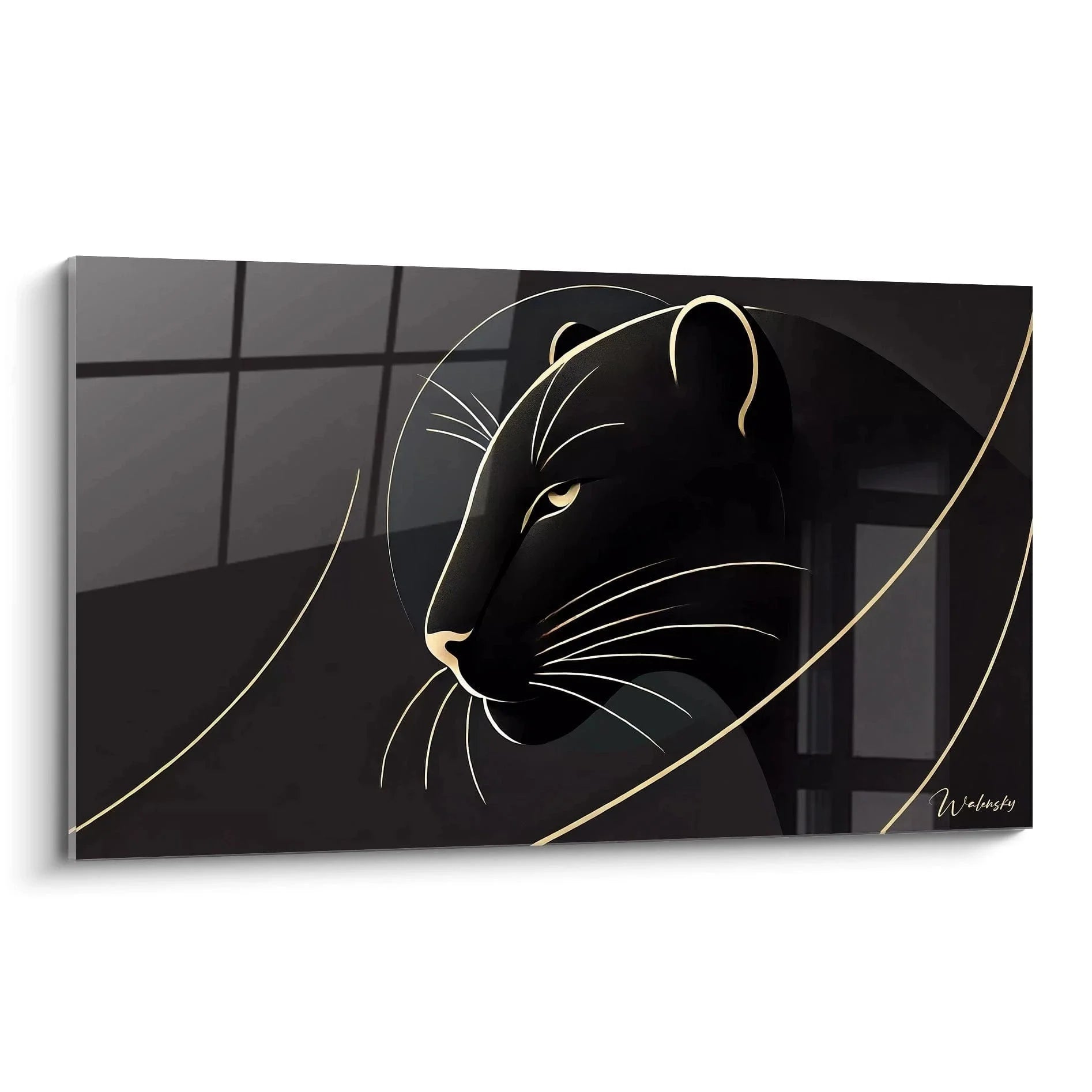Wandbild schwarzer Panther Silhouette mit goldenen Linien vor urbanem Hintergrund - Moderne Raubkatzen Kunst