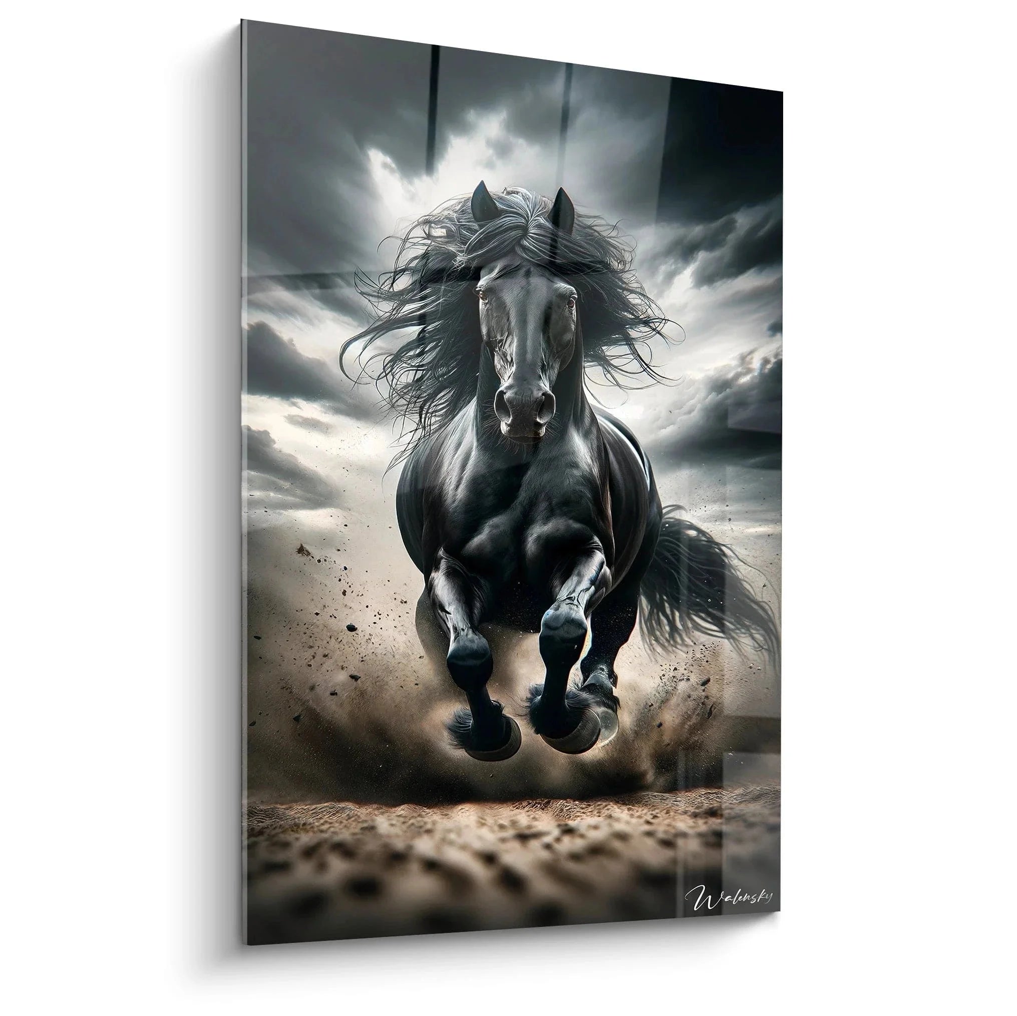 Schwarzes Pferd im Galopp vor Gewitterhimmel - Dramatisches Wandbild Pferde Kunst