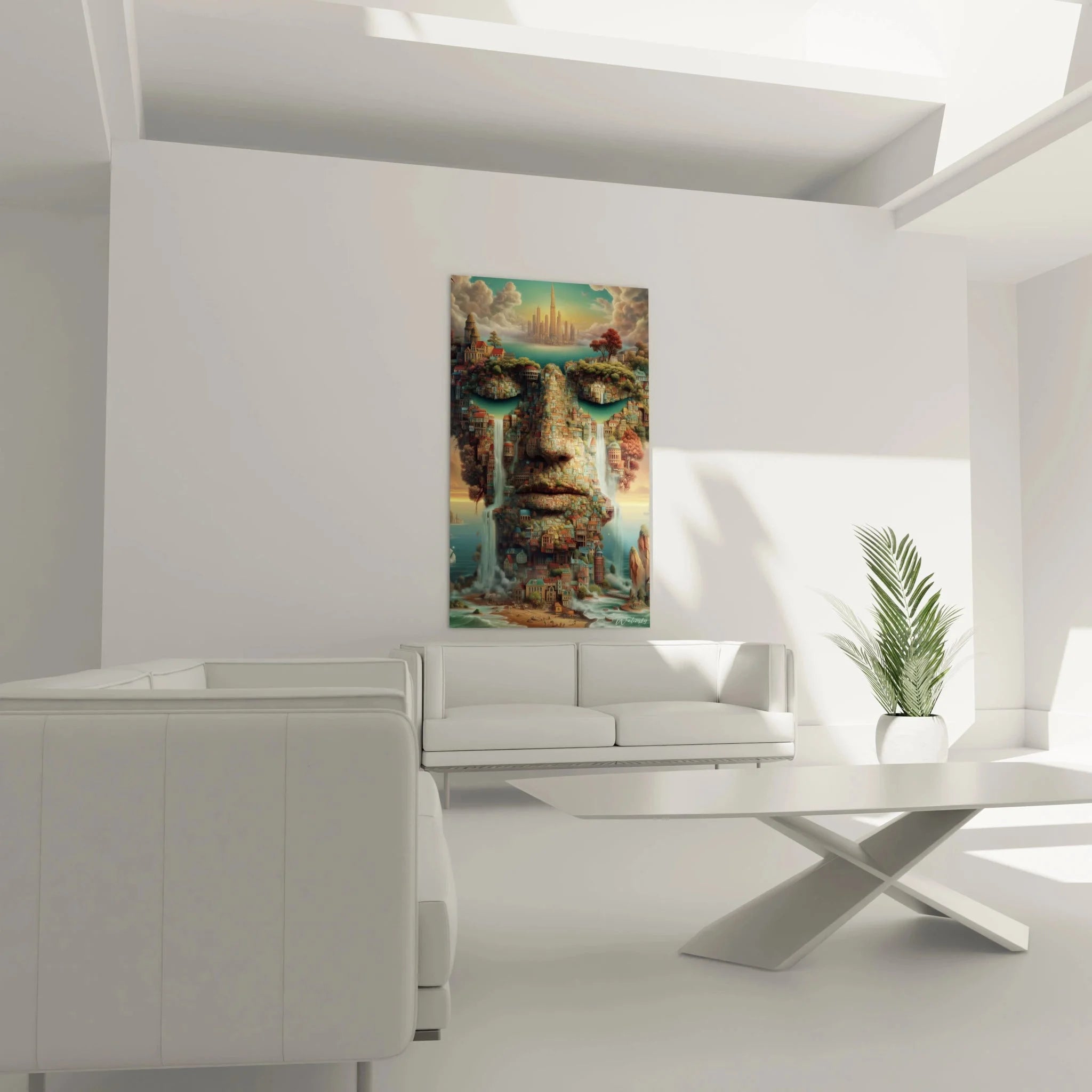 Detailansicht des Wandbildes mit schwebenden Gebäuden, Wasserfällen und mystischer Atmosphäre