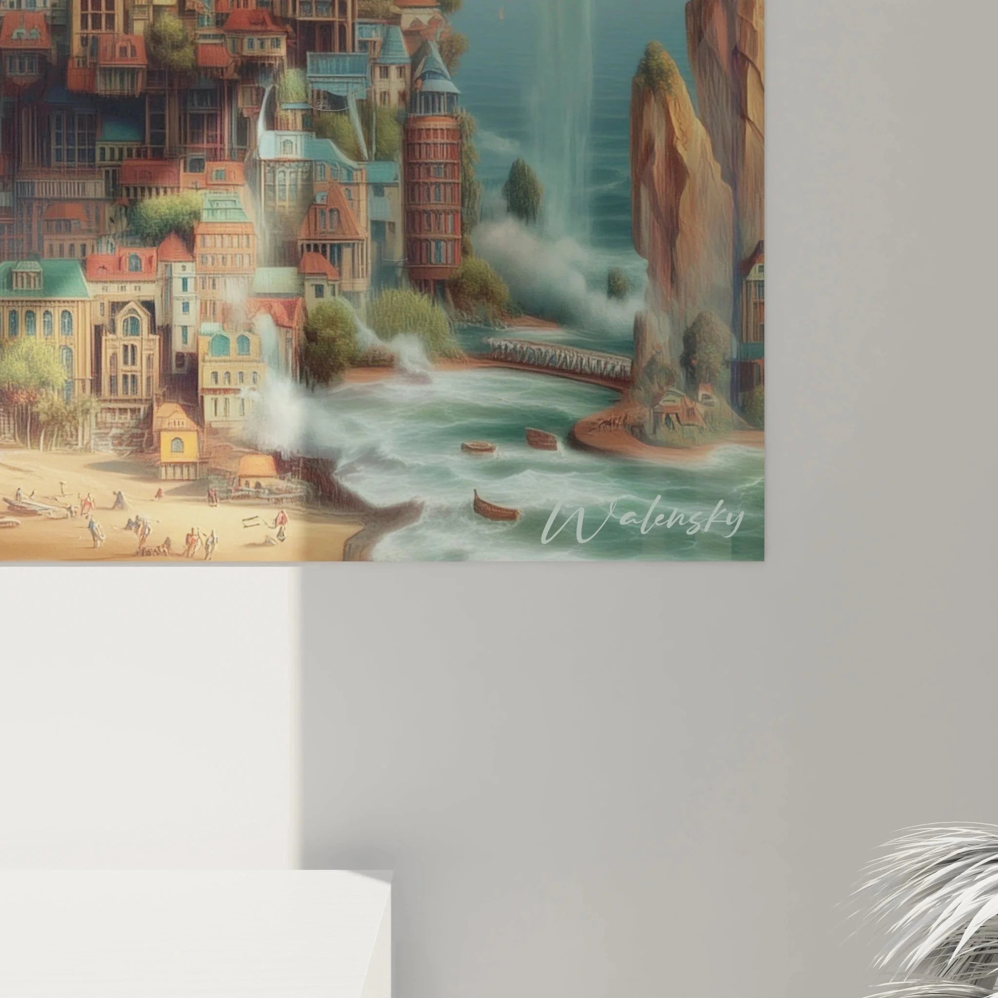 Gesamtansicht des surrealistischen Wandbildes schwebende Stadt mit komplexer Architektur und Traumlandschaft