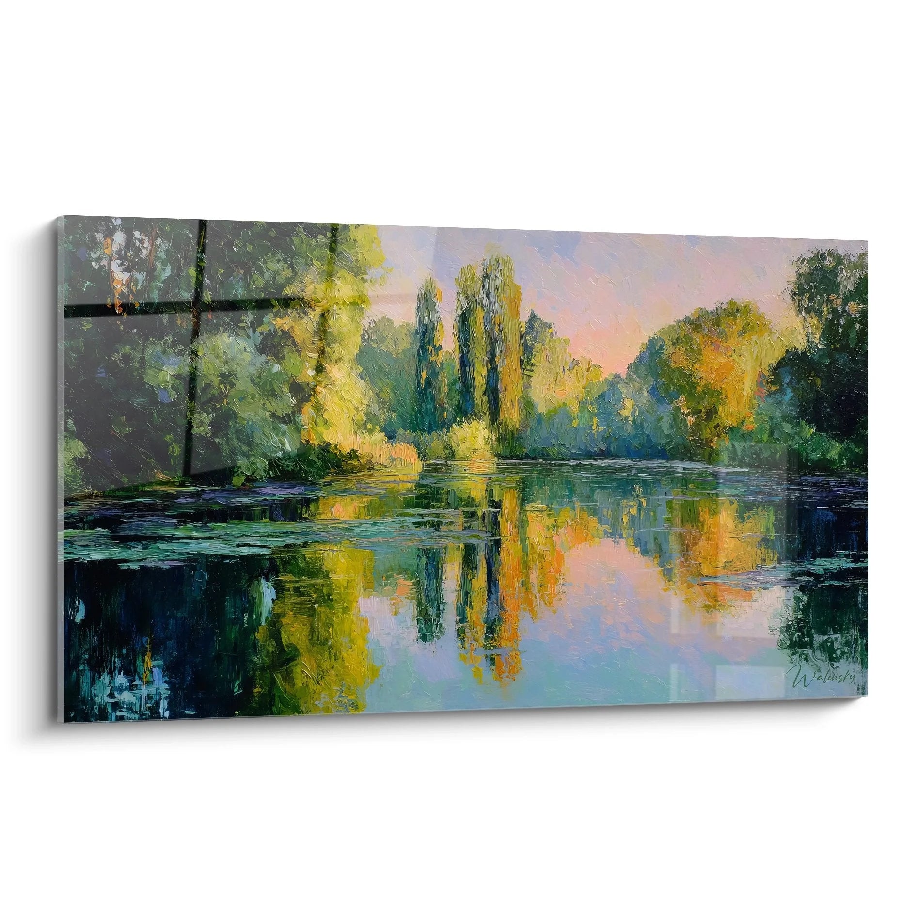 Wandbild See mit impressionistischen Spiegelungen und warmen Farben als XXL Wanddekoration