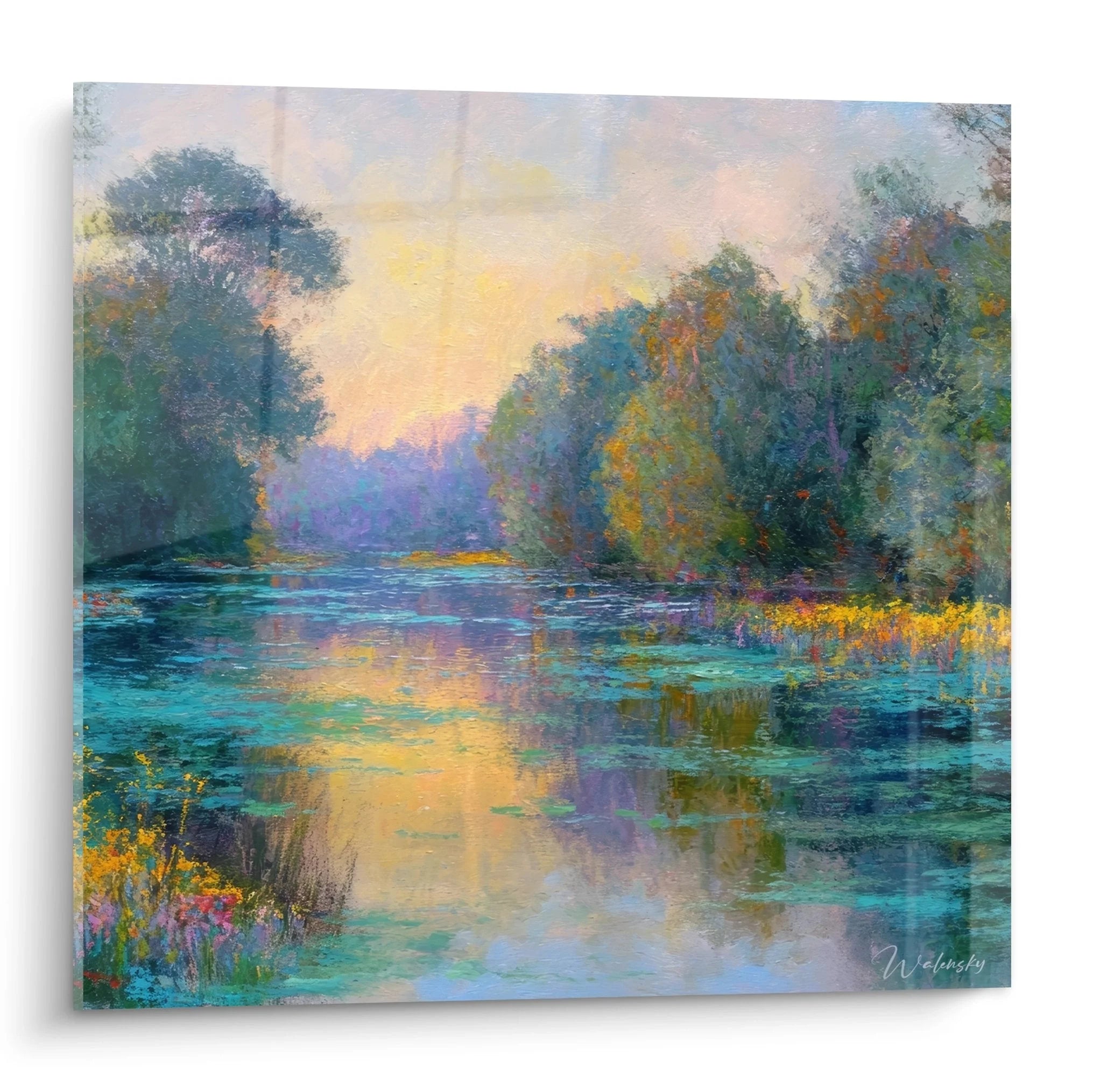 Wandbild See mit Morgenröte und Nebel, impressionistische Landschaftsmalerei mit Wasserreflexionen