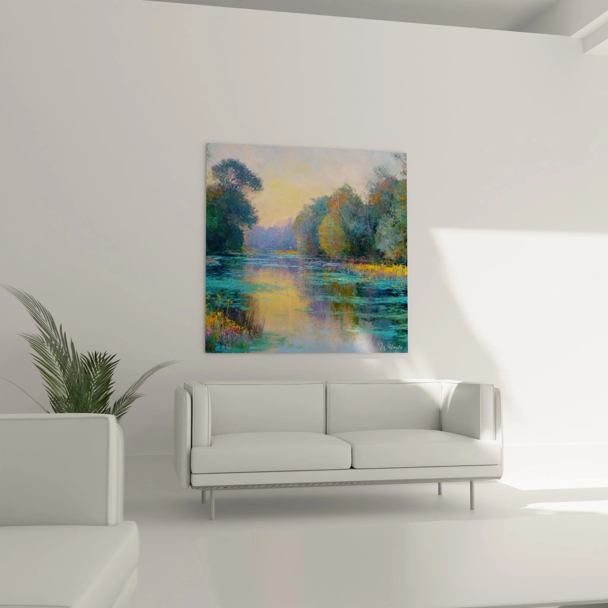 Nahaufnahme Wandbild See Details, Pinselstriche und Farbübergänge der Seenmalerei