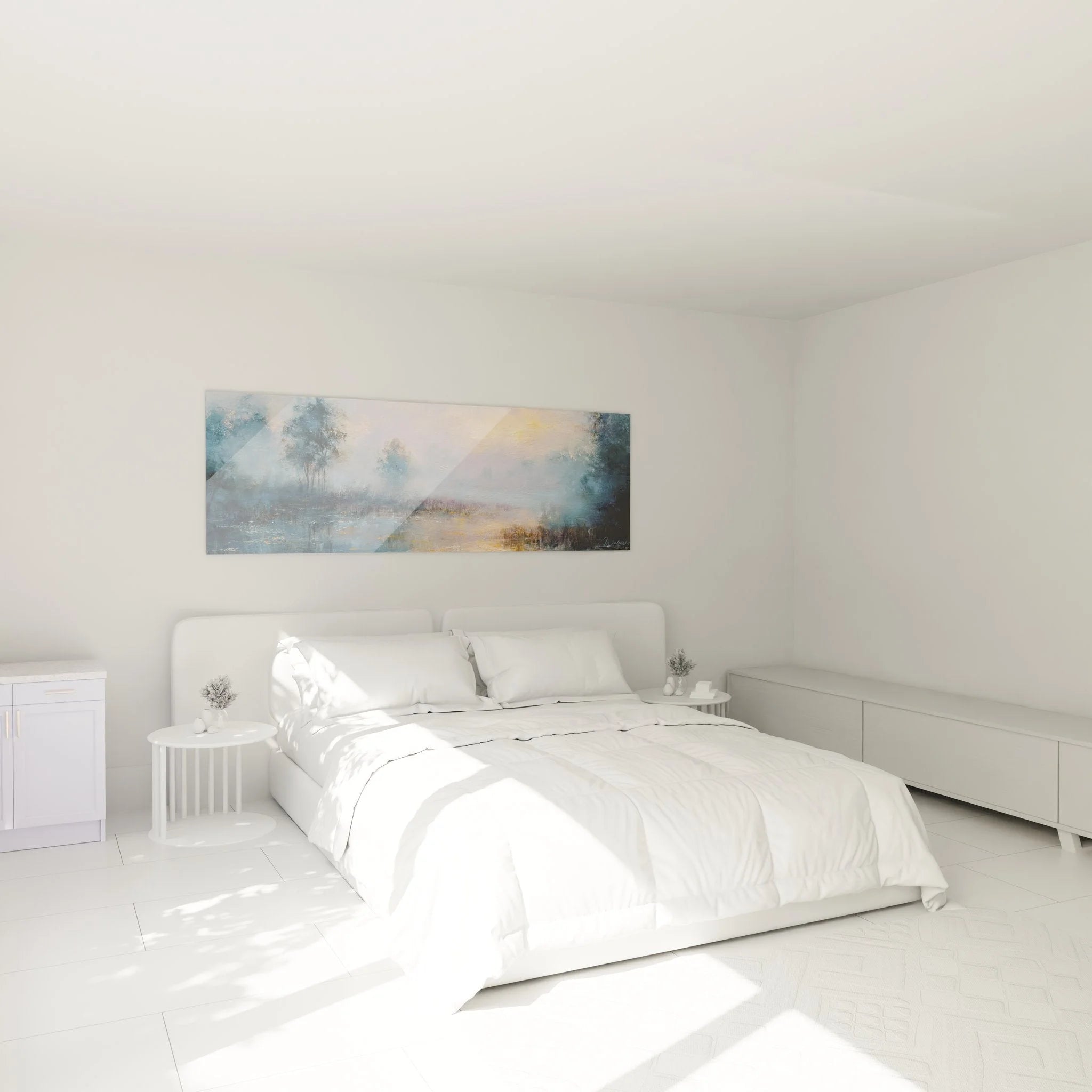 Wandbild See Nebel als Schlafzimmer Dekoration mit beruhigender Seelandschaft im Morgenlicht