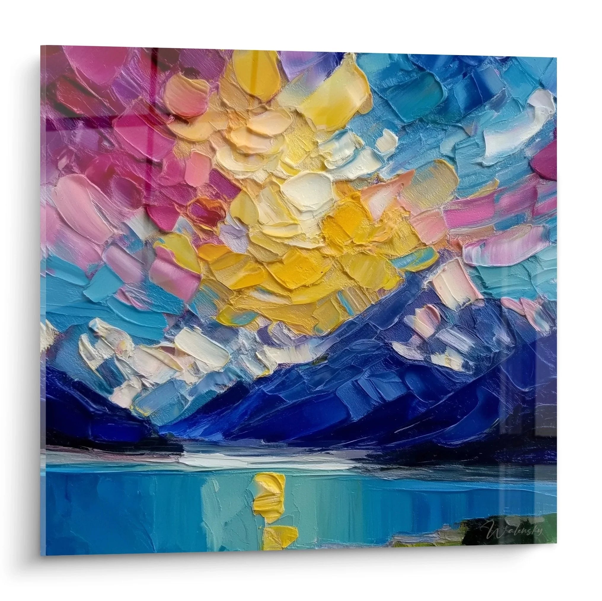 Wandbild Seelandschaft mit dramatischem Wolkenhimmel in Impasto-Technik, bunte Farben über stillem Wasser