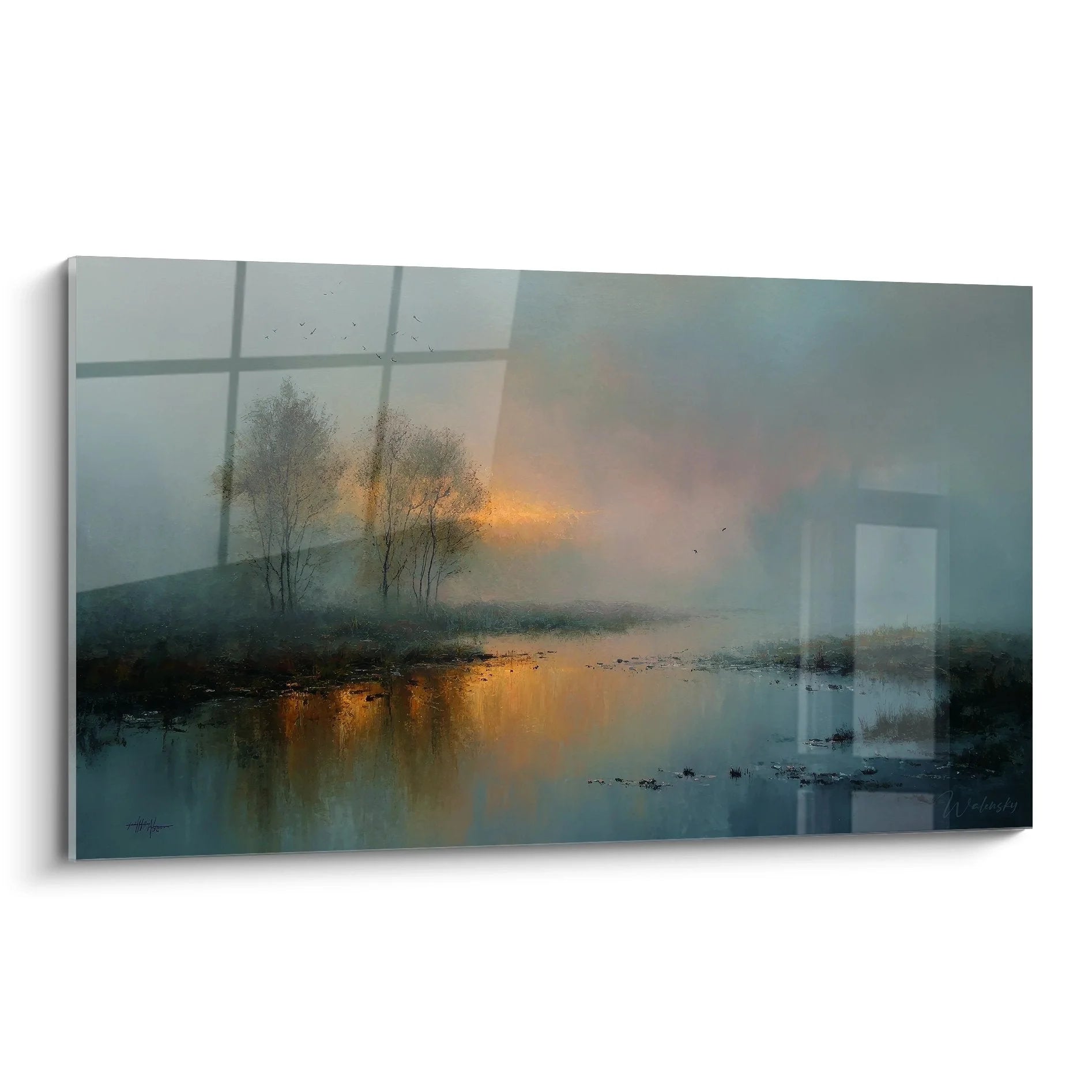 Wandbild Seelandschaft mit nebligem Sonnenaufgang, warme Farben und romantische Atmosphäre am See