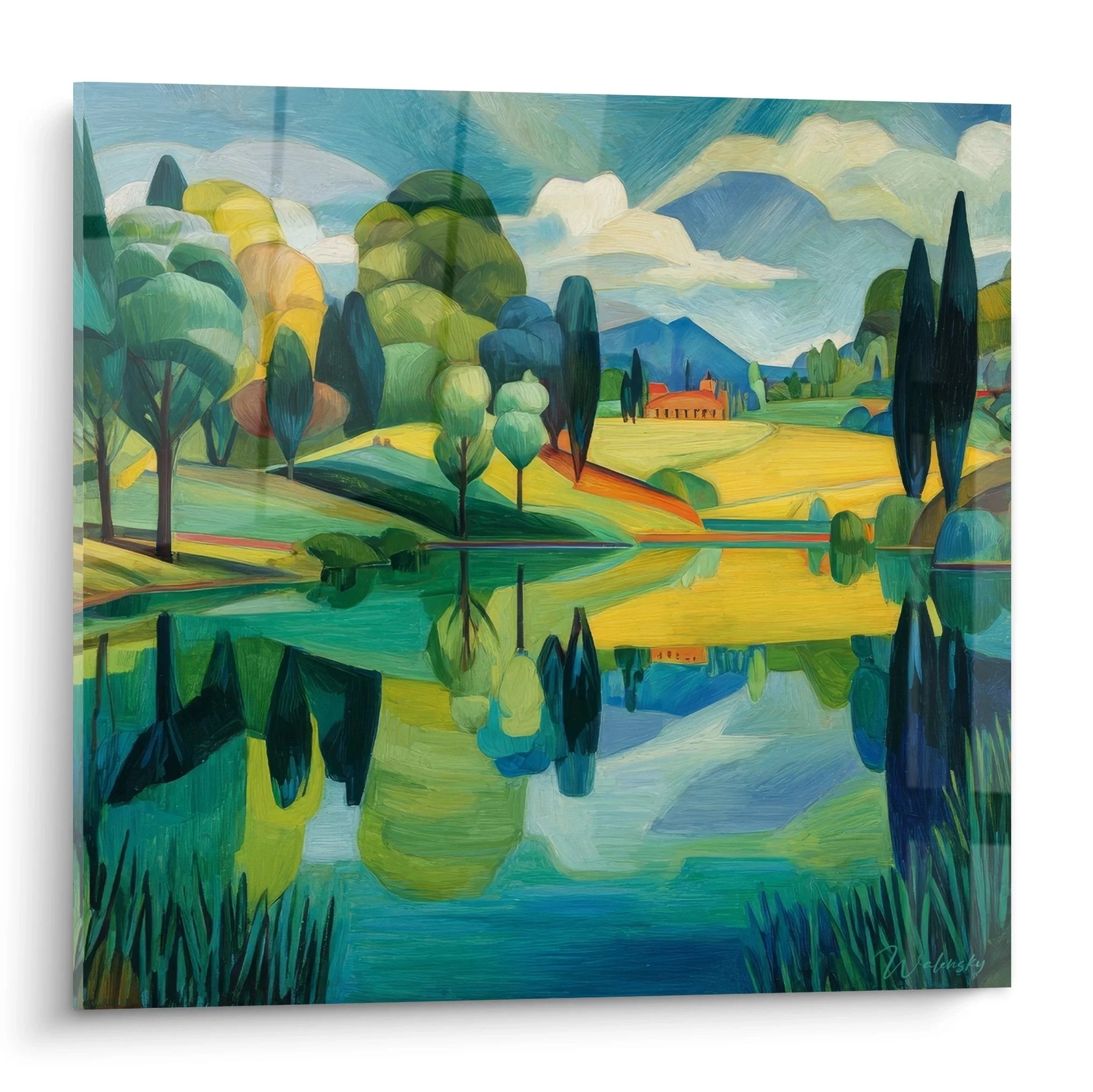 Wandbild Seelandschaft mit perfekter Spiegelung, Bäume und Hügel in harmonischen Grün- und Blautönen