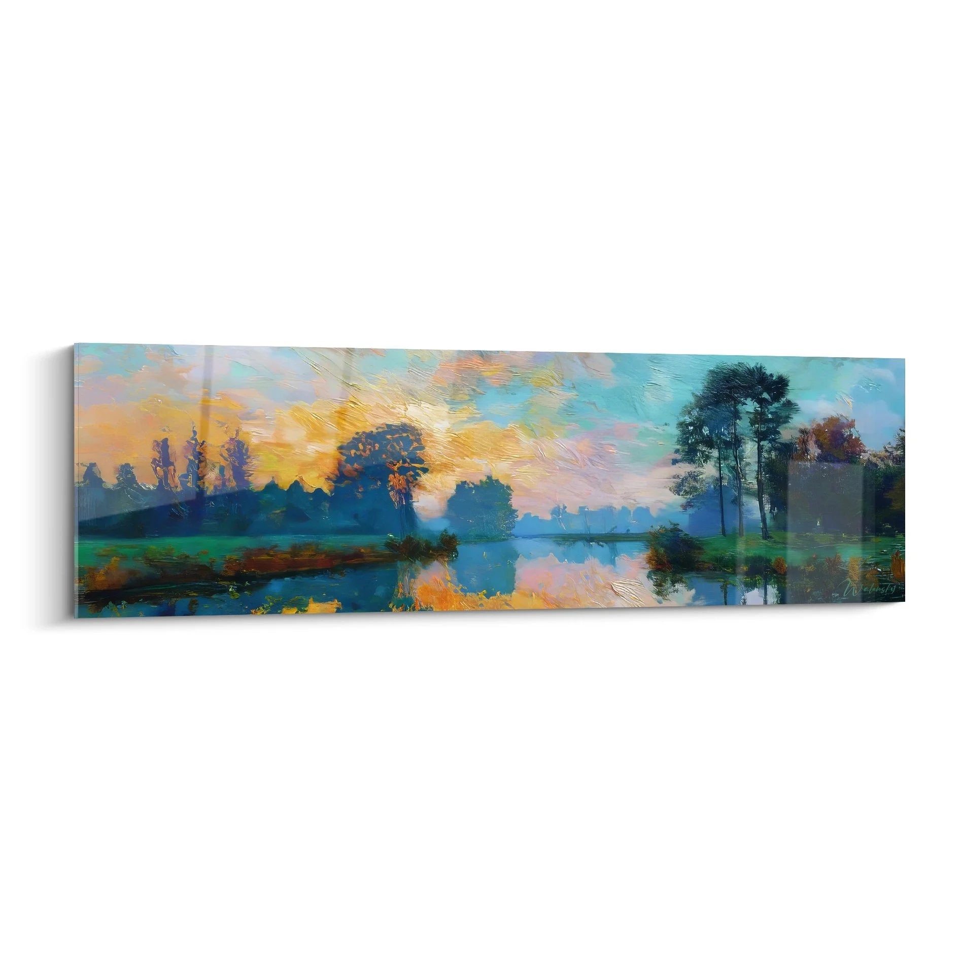 Wandbild Seenlandschaft mit Sonnenuntergang und Baumspiegelungen im Wasser - Edition See Kunst