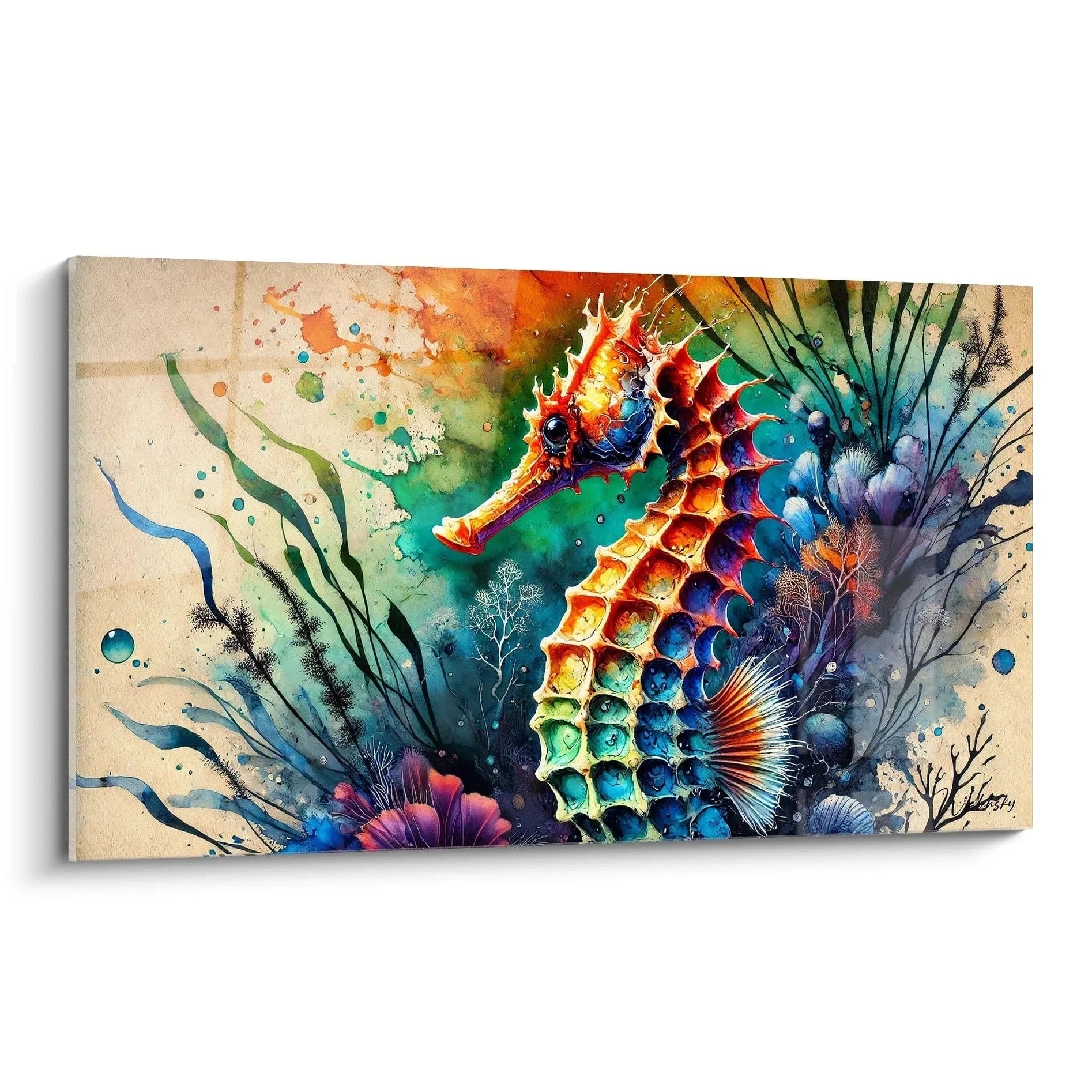 Wandbild Seepferdchen abstrakt bunt in Aquarell-Stil mit Unterwasserflora und leuchtenden Farben