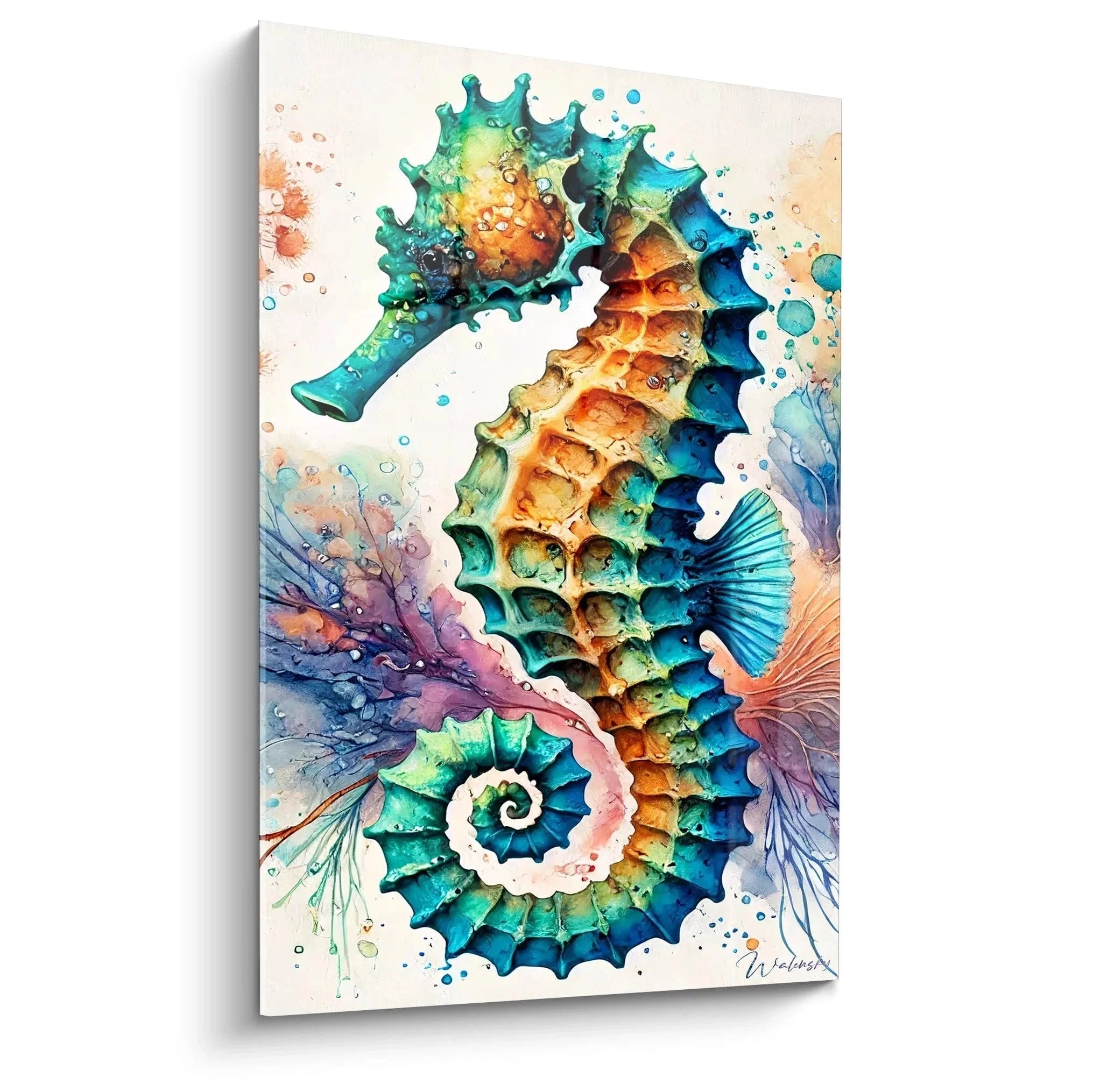 Wandbild Seepferdchen Aquarell in türkis-blauen Farben mit Splash-Effekt - Maritime Wandkunst