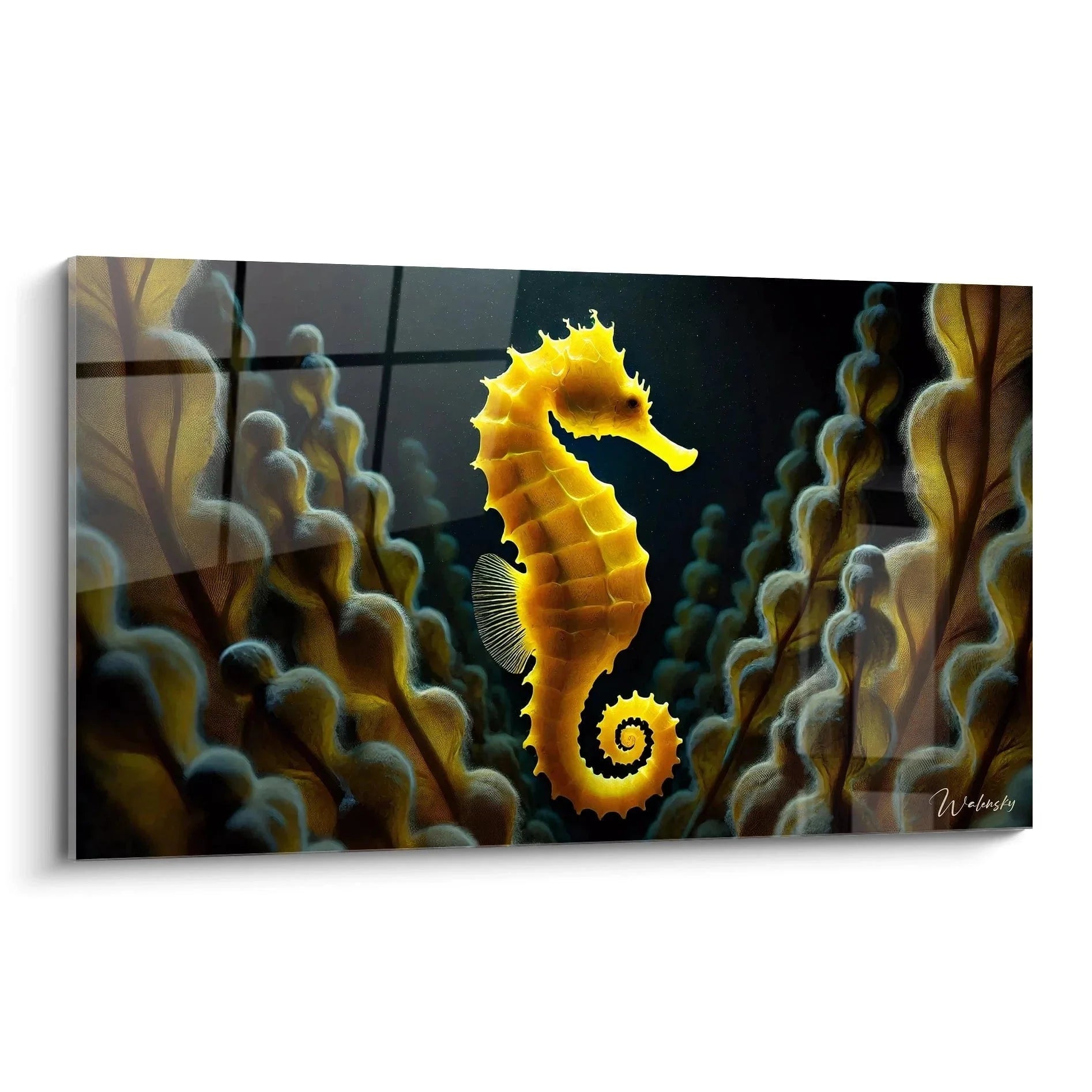 Wandbild goldenes Seepferdchen zwischen Korallen - maritime Wanddekoration in warmen Goldtönen