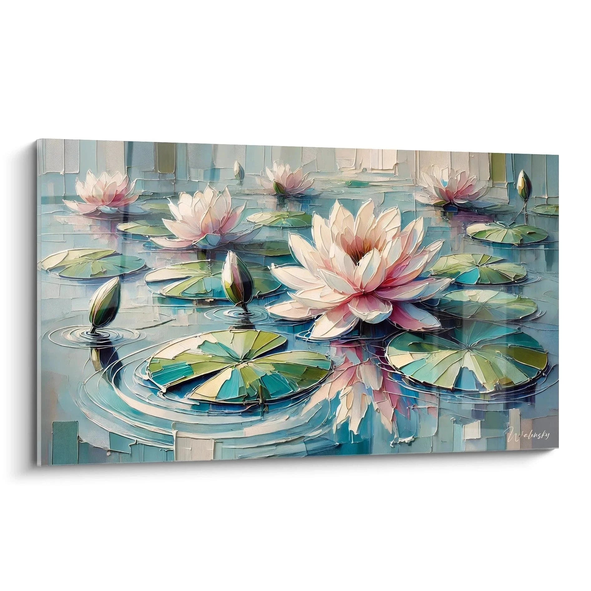 Wandbild Seerosen mit rosa Lotusblüten auf türkisblauer Wasseroberfläche - Edition Seerose