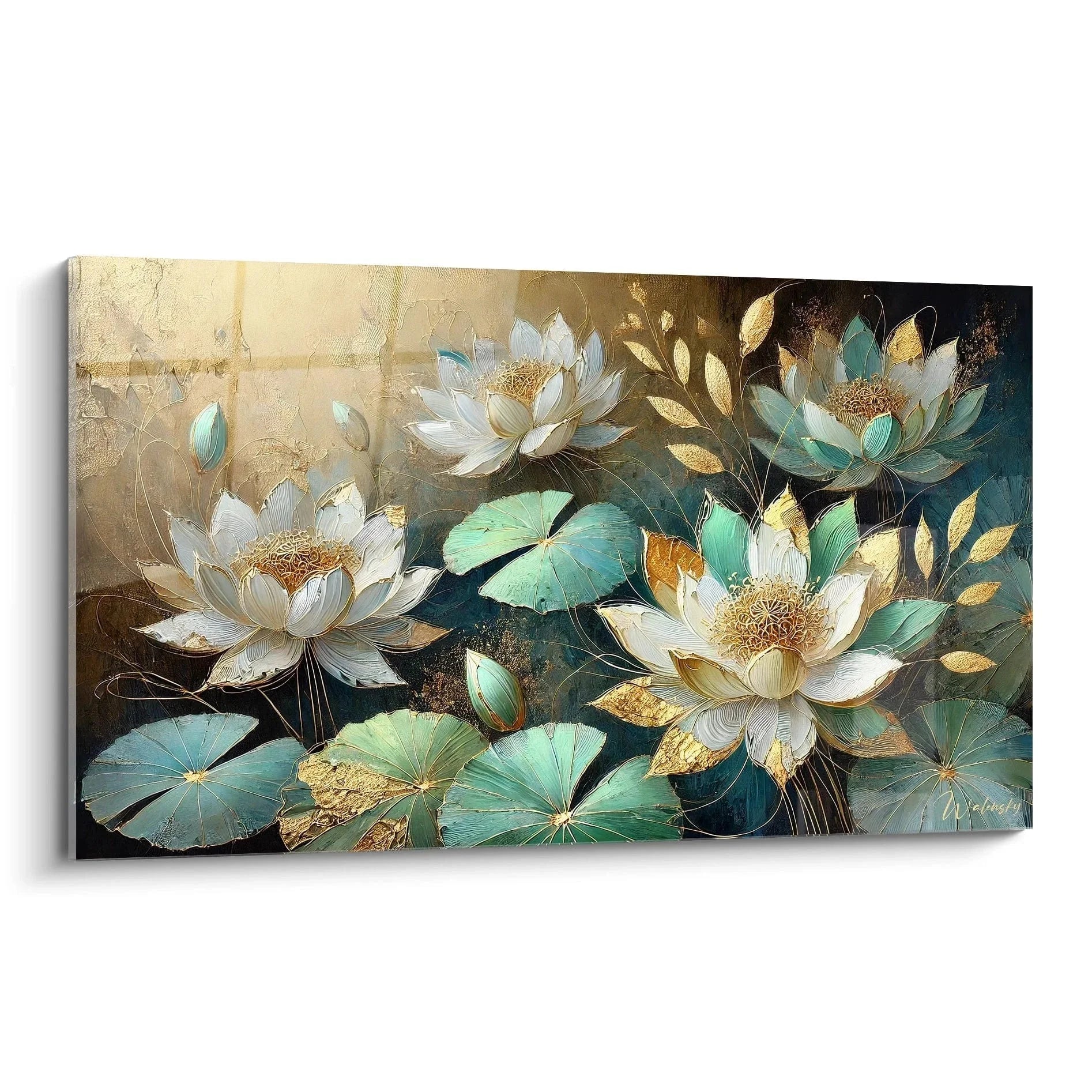 Wandbild Seerosen mit goldenen Lotus-Blüten und türkisen Seerosenblättern auf warmem Hintergrund