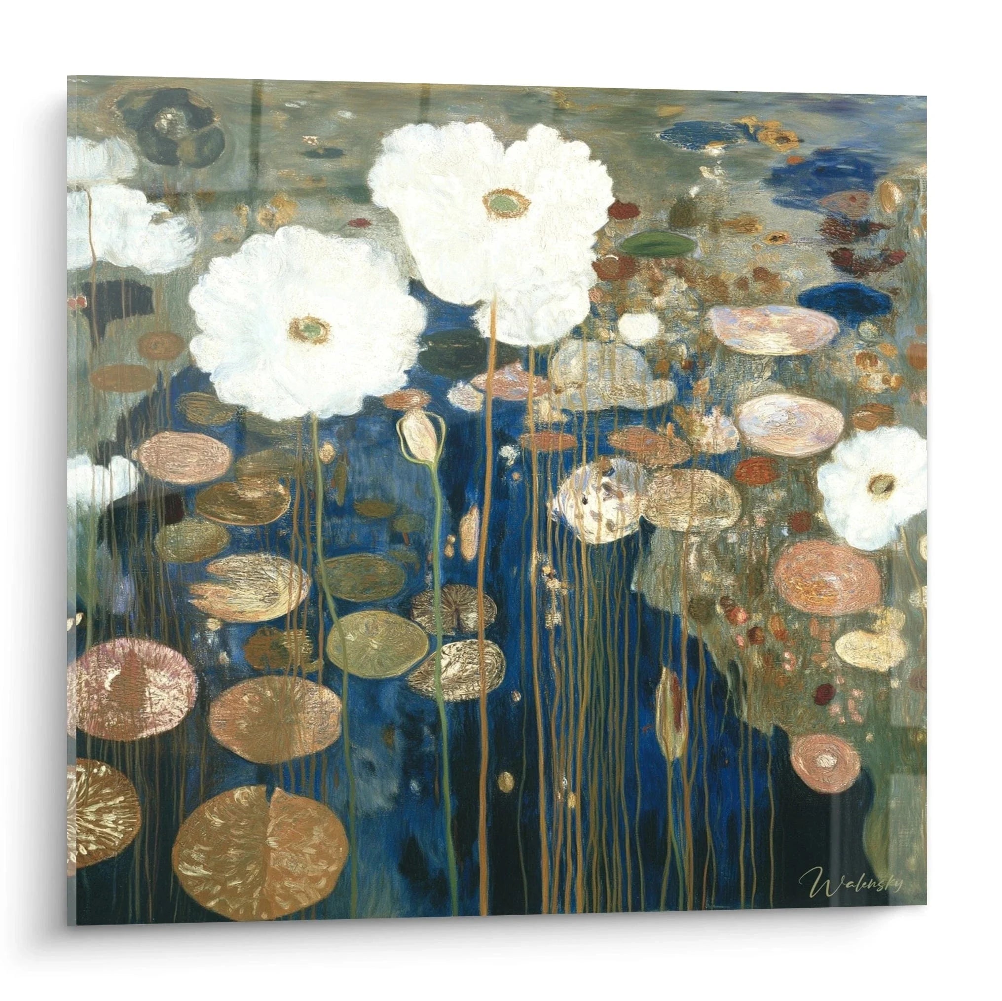 Wandbild Seerosen symbolistisch mit weißen Blüten und braunen Seerosenblättern auf blauem Wasser