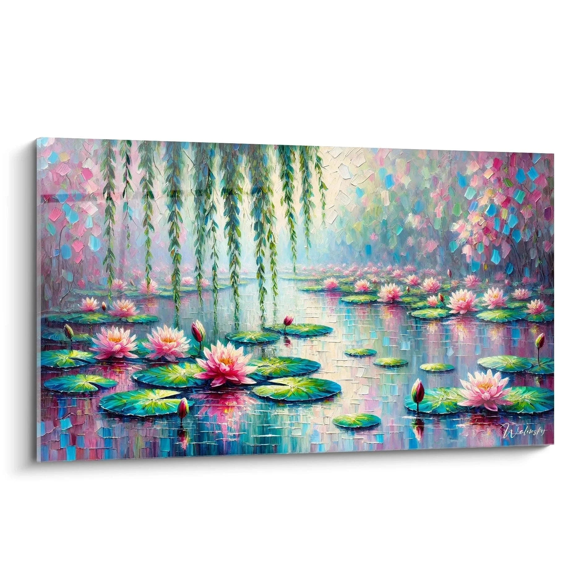 Wandbild Seerosen Teich mit Trauerweide - Impressionistische Wasserlilien Kunst XXL Leinwanddruck