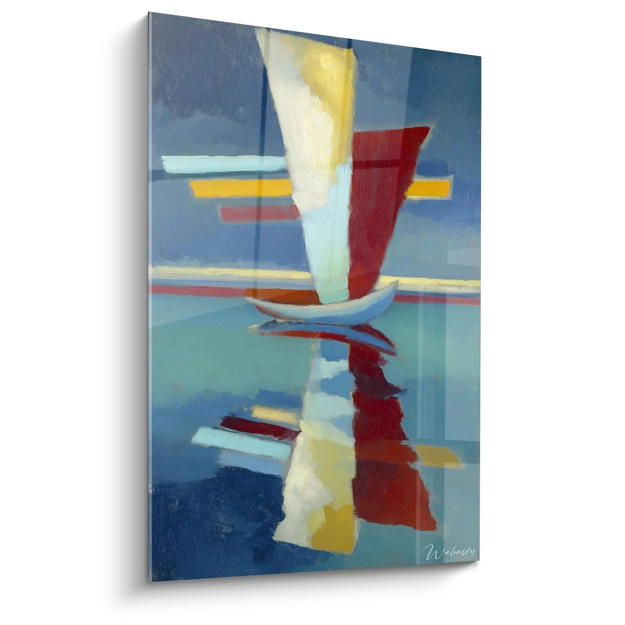 Abstraktes Wandbild Segelboot mit Spiegelung im blauen Wasser, dadaistische maritime Kunst mit gelben Segeln