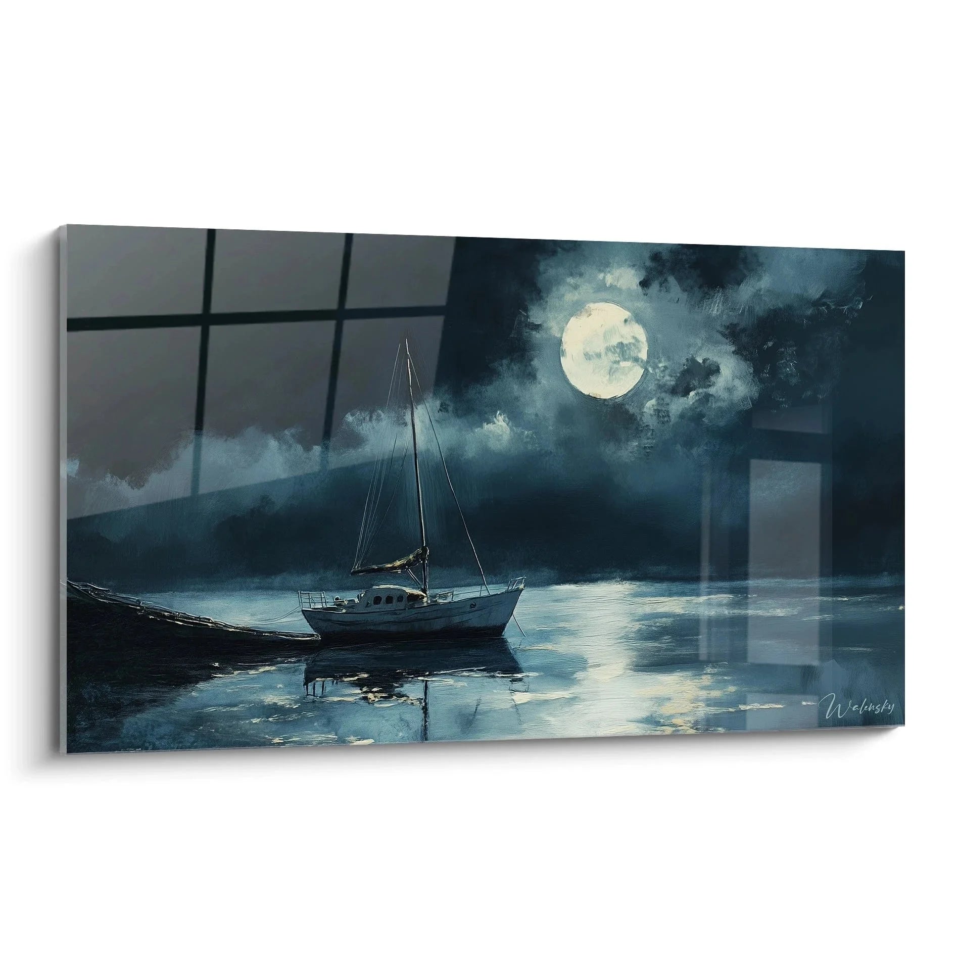 Wandbild Segelboot im Mondschein - Maritime Kunst von Claude Joseph Vernet mit nächtlicher Hafenszene