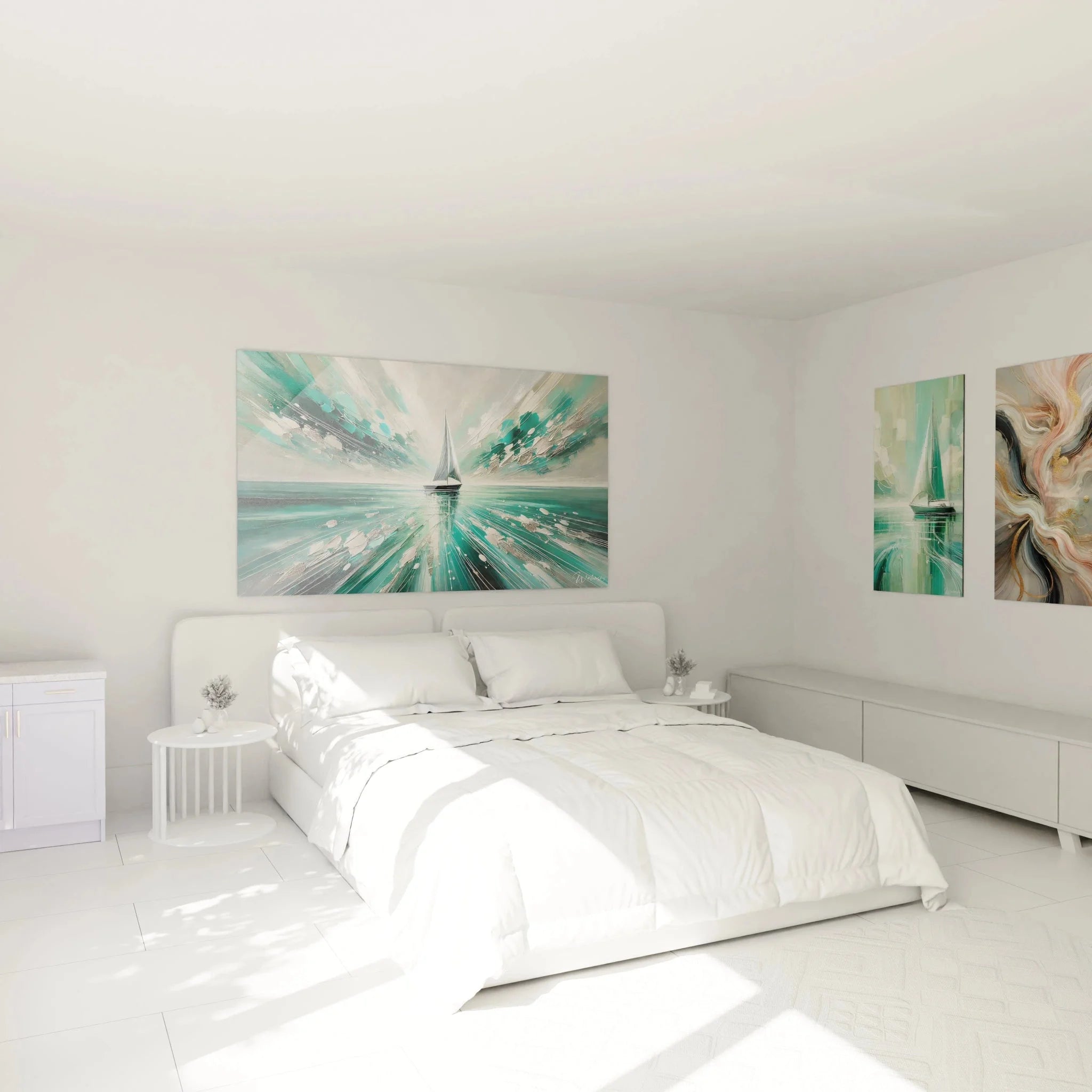 Modernes Wandbild Segelboot in Schlafzimmer Ambiente mit türkiser abstrakter Meeresszene