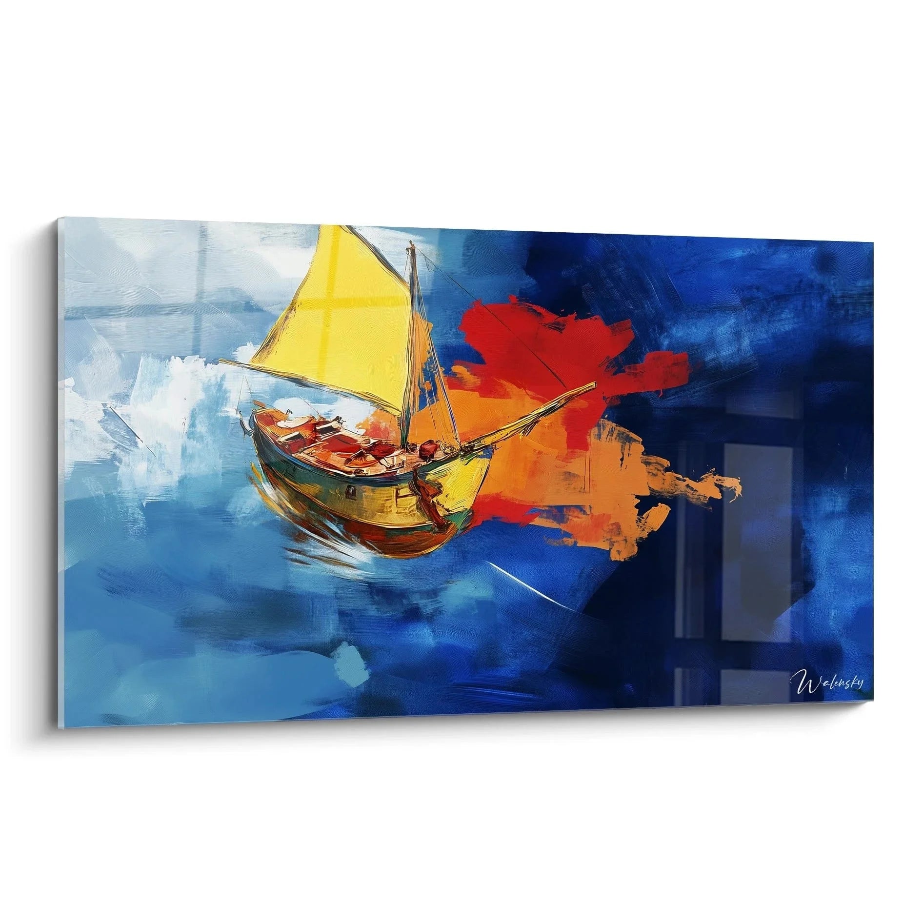 Wandbild Segelboot im Sturm mit gelbem Segel nach JMW Turner Stil, dramatische Meeresszene in Blau Orange