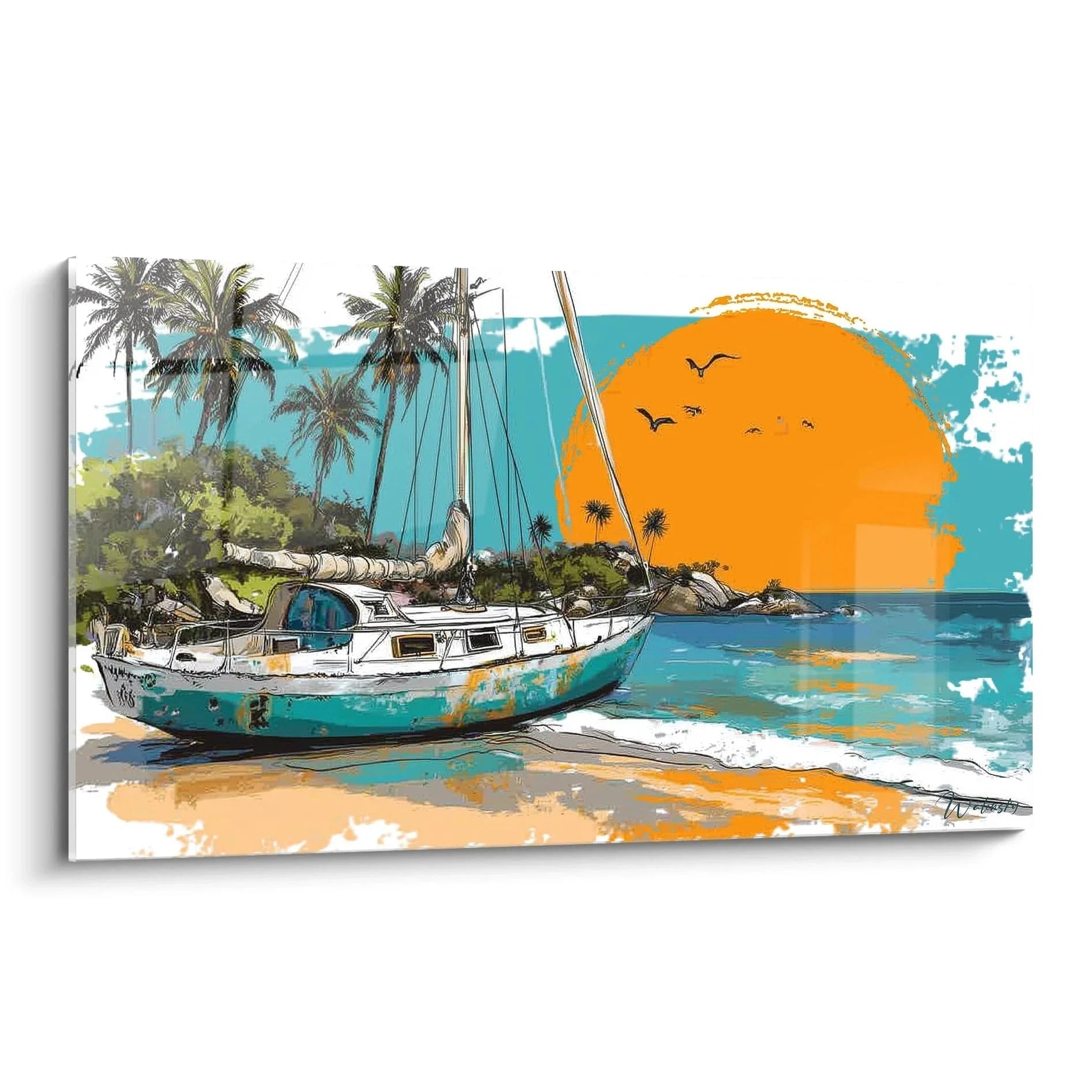 Wandbild Segelboot am Tropenstrand mit Palmen und Sonnenuntergang in Orange-Türkis Tönen