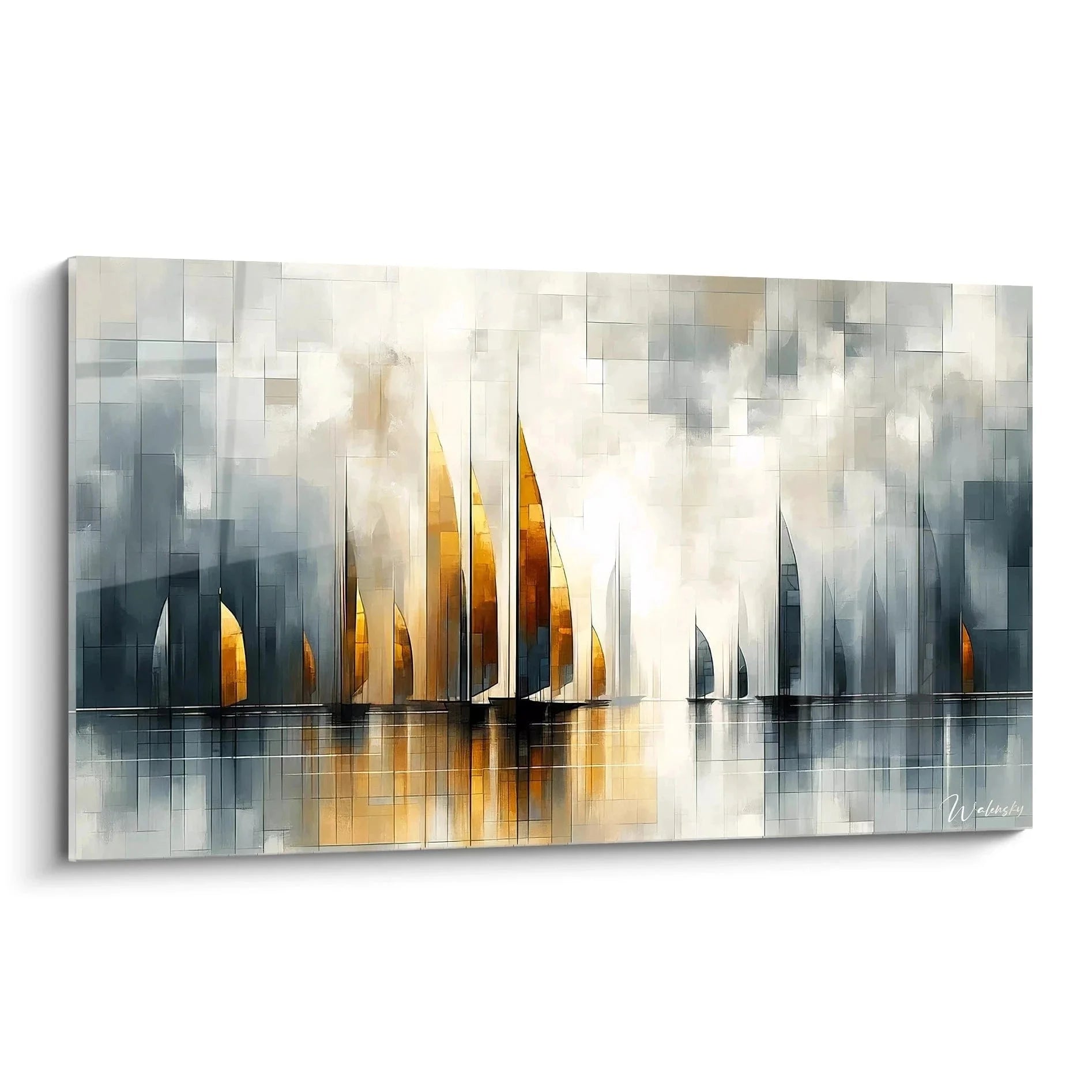 Wandbild Segelboote geometrisch mit goldenen Segeln im Nebel - Maritime Kunst XXL
