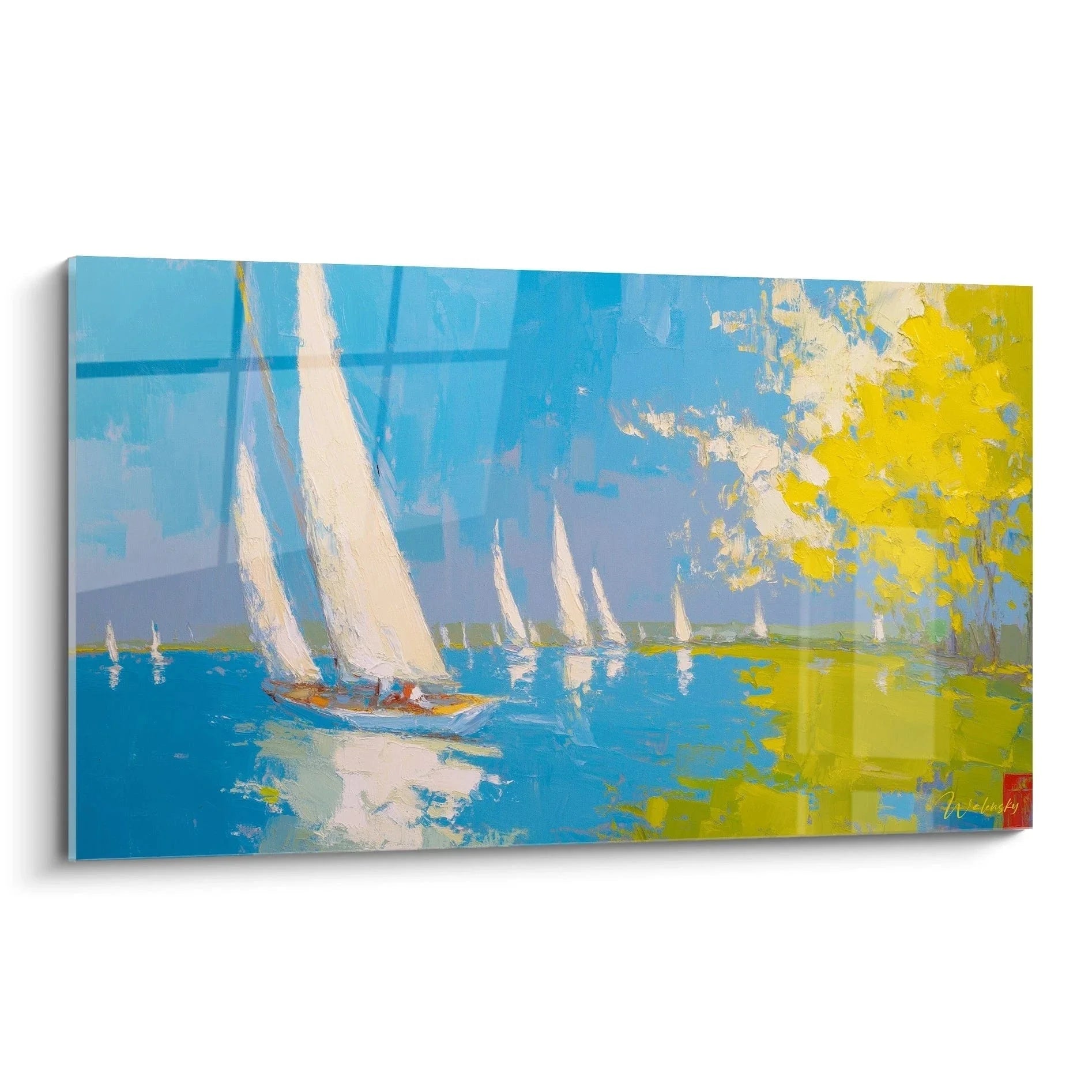 Wandbild Segelboote Impressionismus mit weißen Segeln auf blauem Wasser und gelber Sonne