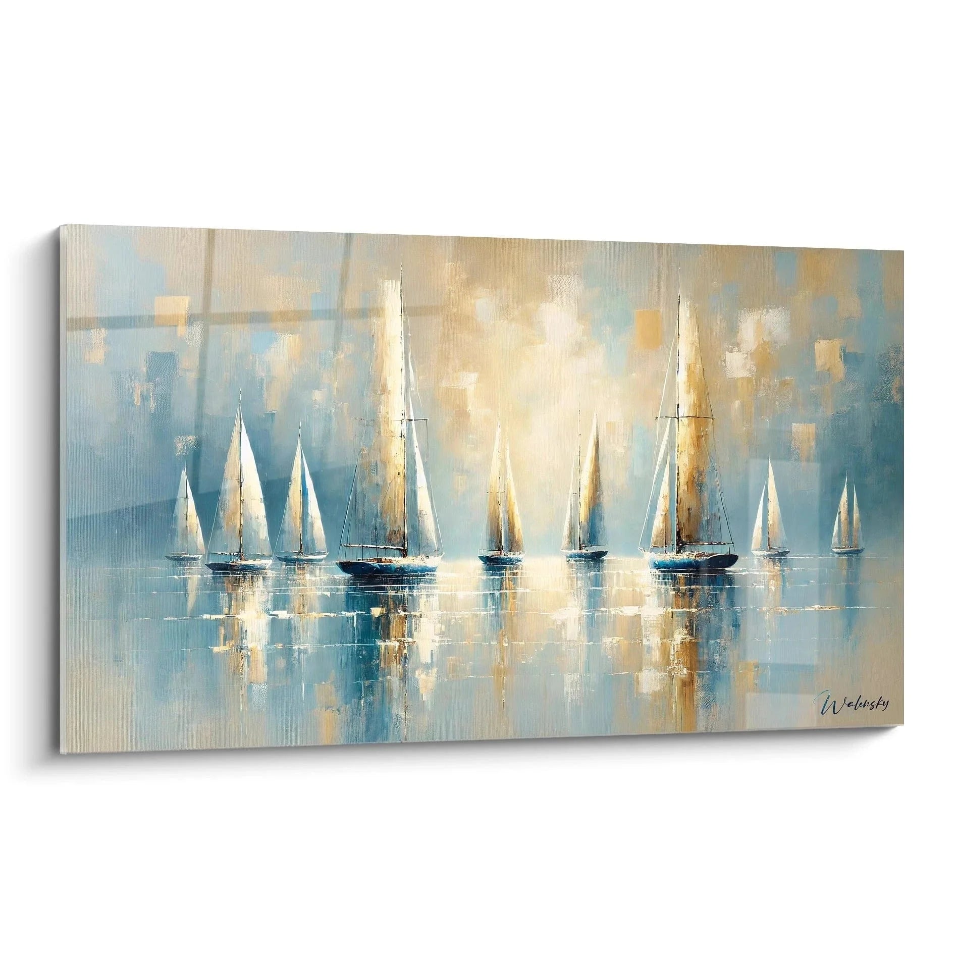 Wandbild Segelboote Regatta XXL mit weißen Segeln auf ruhigem Wasser in warmem Morgenlicht