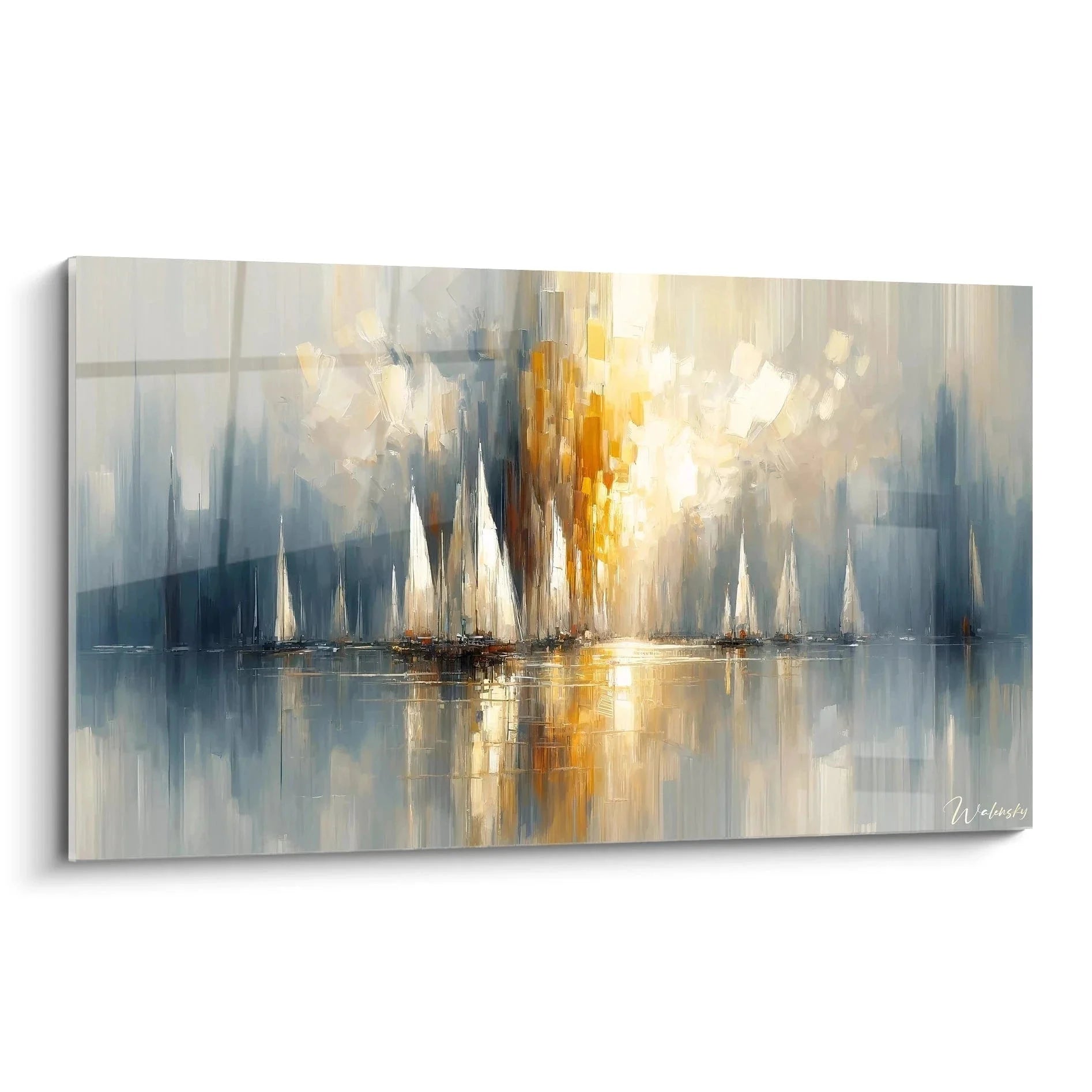 Wandbild Segelboote XXL mit Sonnenlicht - Maritime Leinwand Kunst abstrakt in Gold und Blau für Wohnzimmer