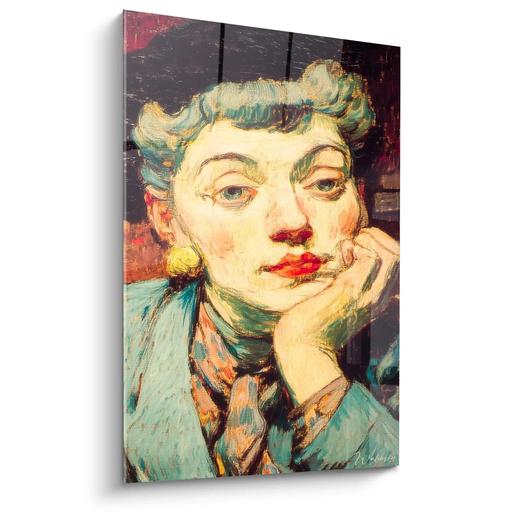 Wandbild Selbstporträt Postimpressionismus mit türkisfarbenem Haar und rotem Mund auf dunklem Hintergrund