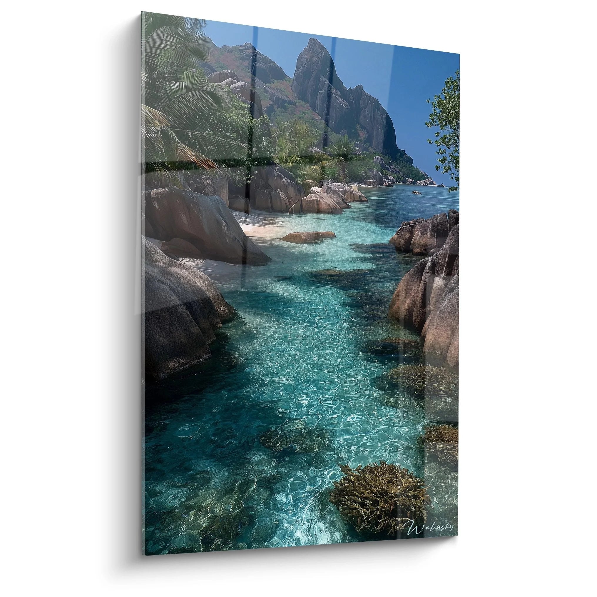 Wandbild Seychellen mit türkisem Wasser zwischen Granitfelsen und Palmen - tropischer Strand als Wanddekoration