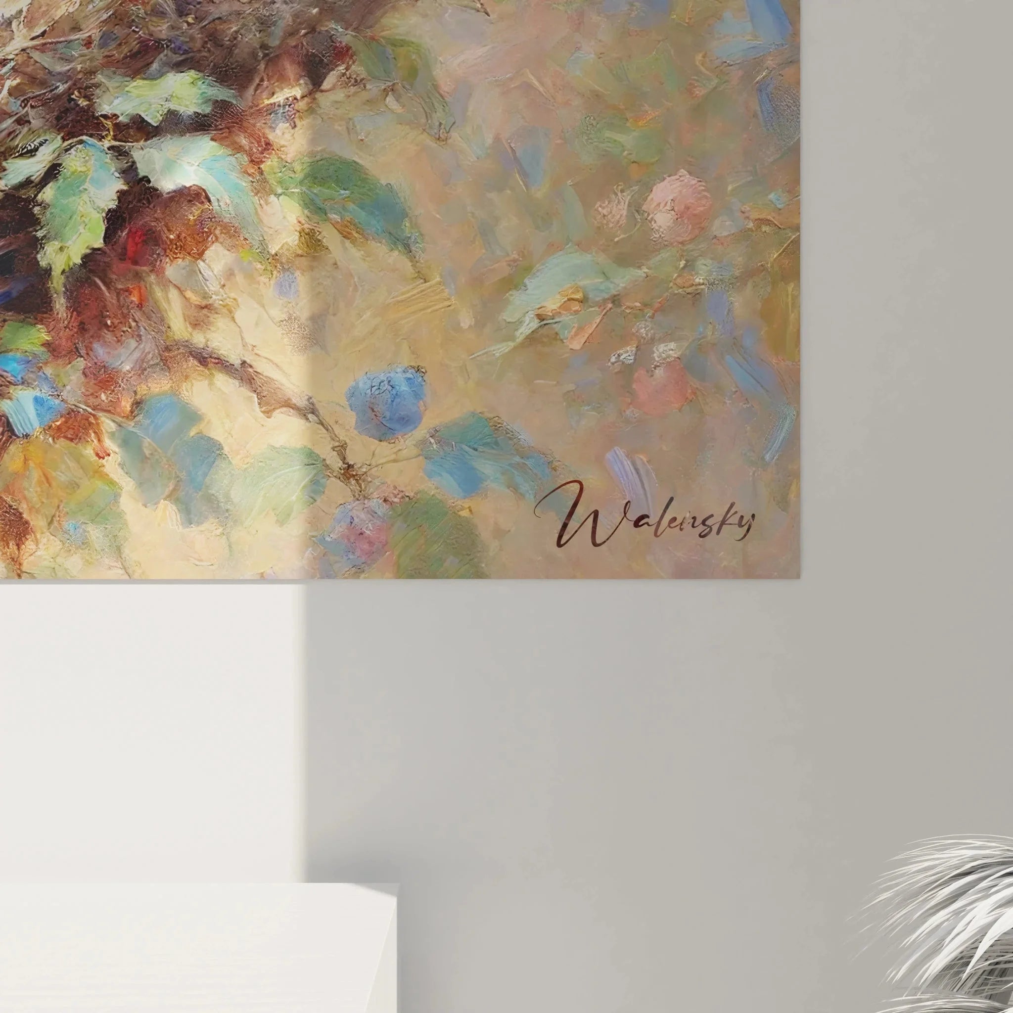 Gesamtansicht Wandbild Blaukehlchen Familie, Singvogel Kunstdruck mit Blättern und Blüten