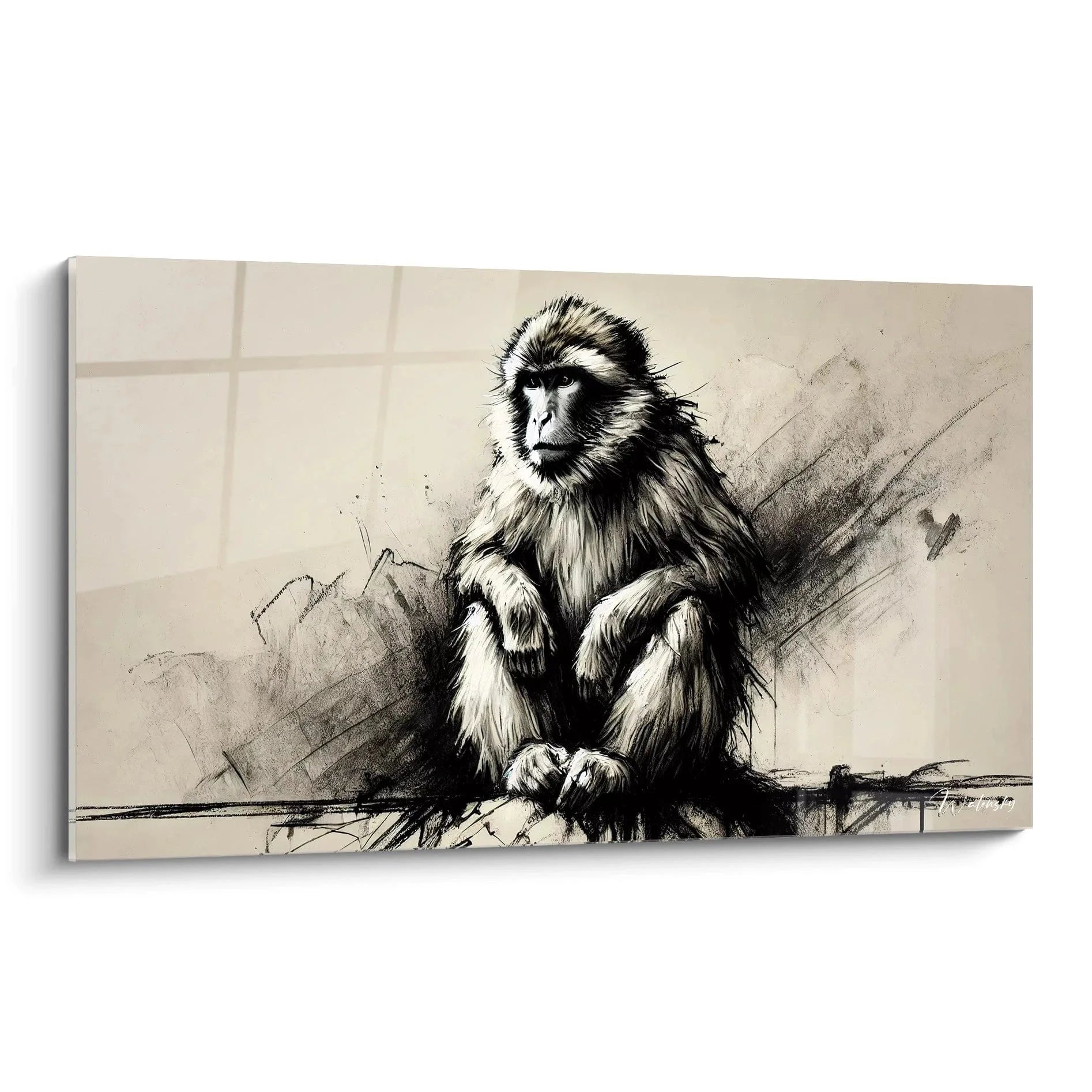 Wandbild sitzender Affe in Schwarz-Weiß Skizzenoptik, kunstvolle Tierwandbilder Edition Affe
