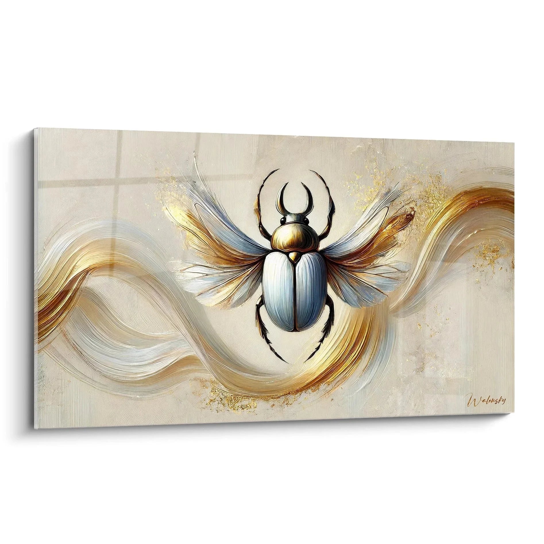 Wandbild Skarabäus mit goldenen Flügeln und abstrakten Wellenelementen in Blau-Gold-Tönen