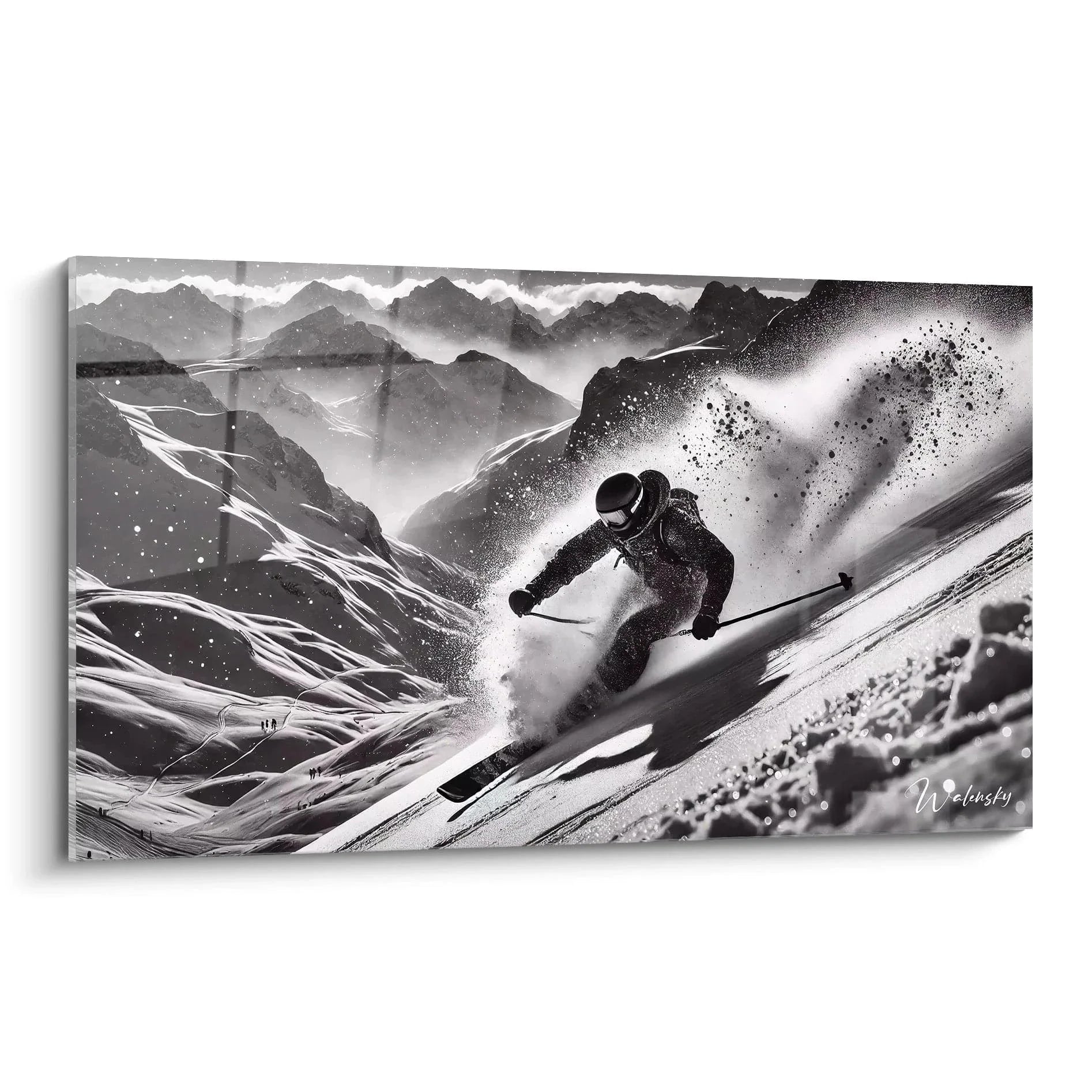 Wandbild Skifahrer schwarz-weiß Pulverschnee Bergpanorama Wintersport Kunst modern