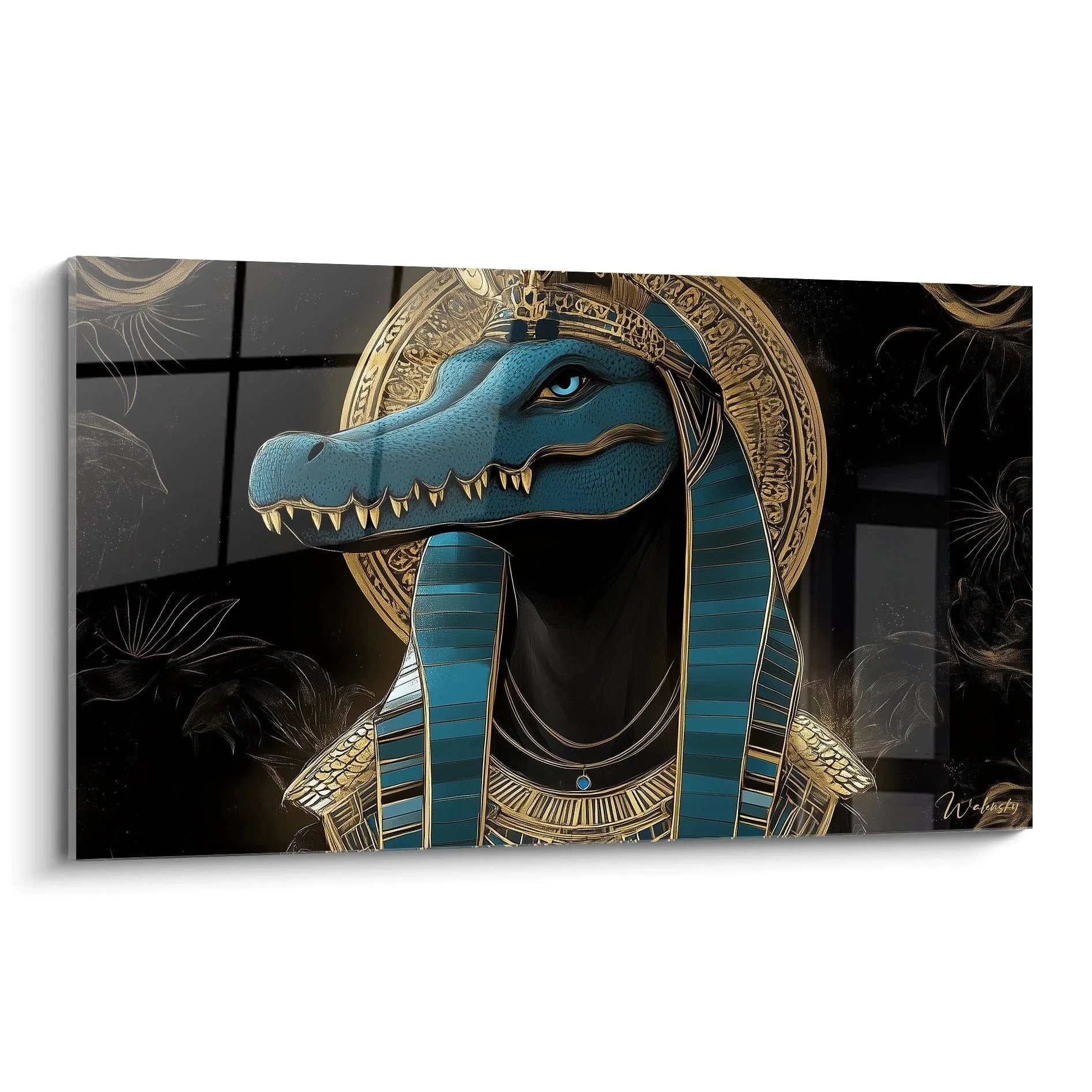 Wandbild Sobek Krokodilgott mit türkis-blauem Krokodilkopf und goldenen ägyptischen Hieroglyphen