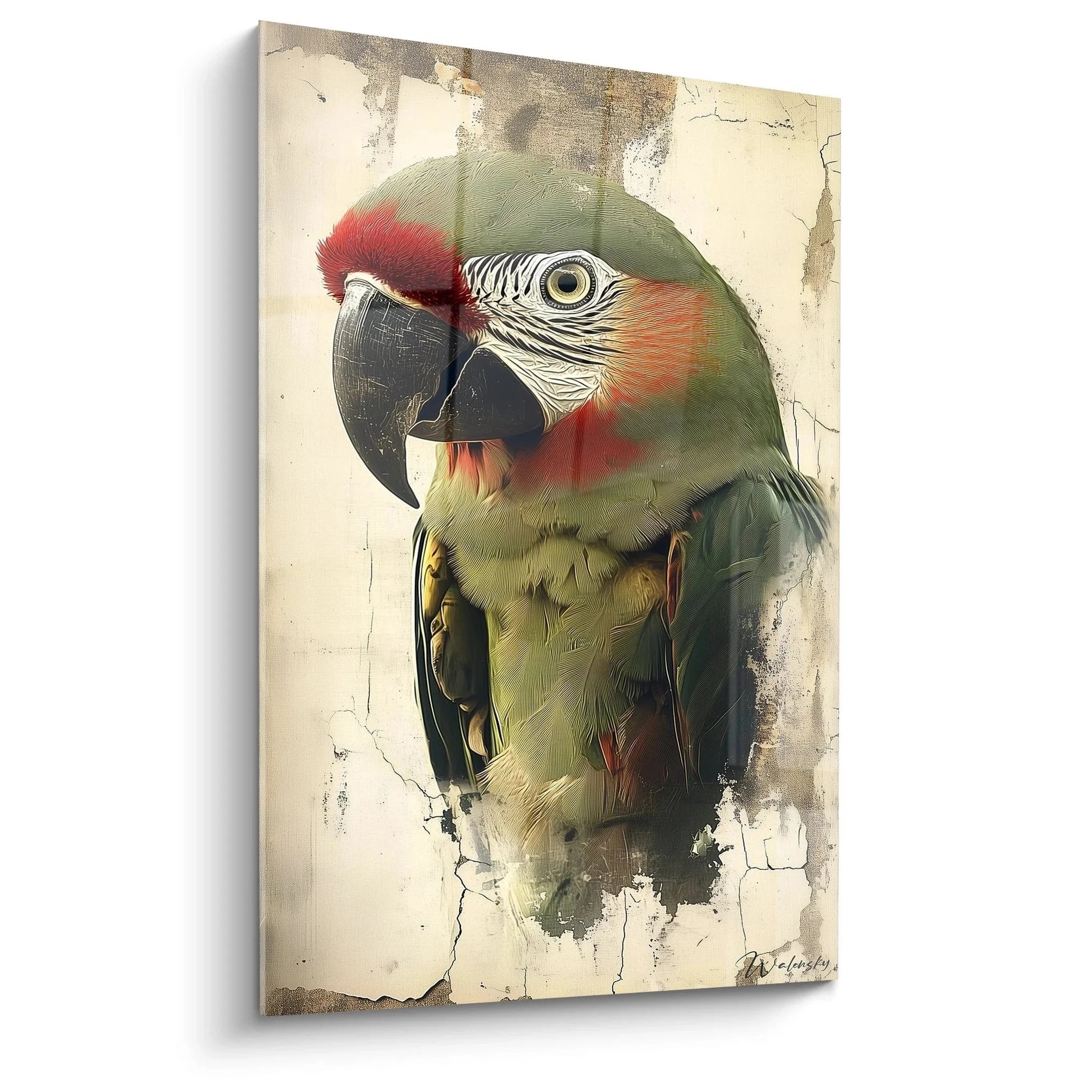 Wandbild Soldatenara XXL in Grün-Rot auf Vintage-Hintergrund - Edition Wellensittich Papagei Wandkunst