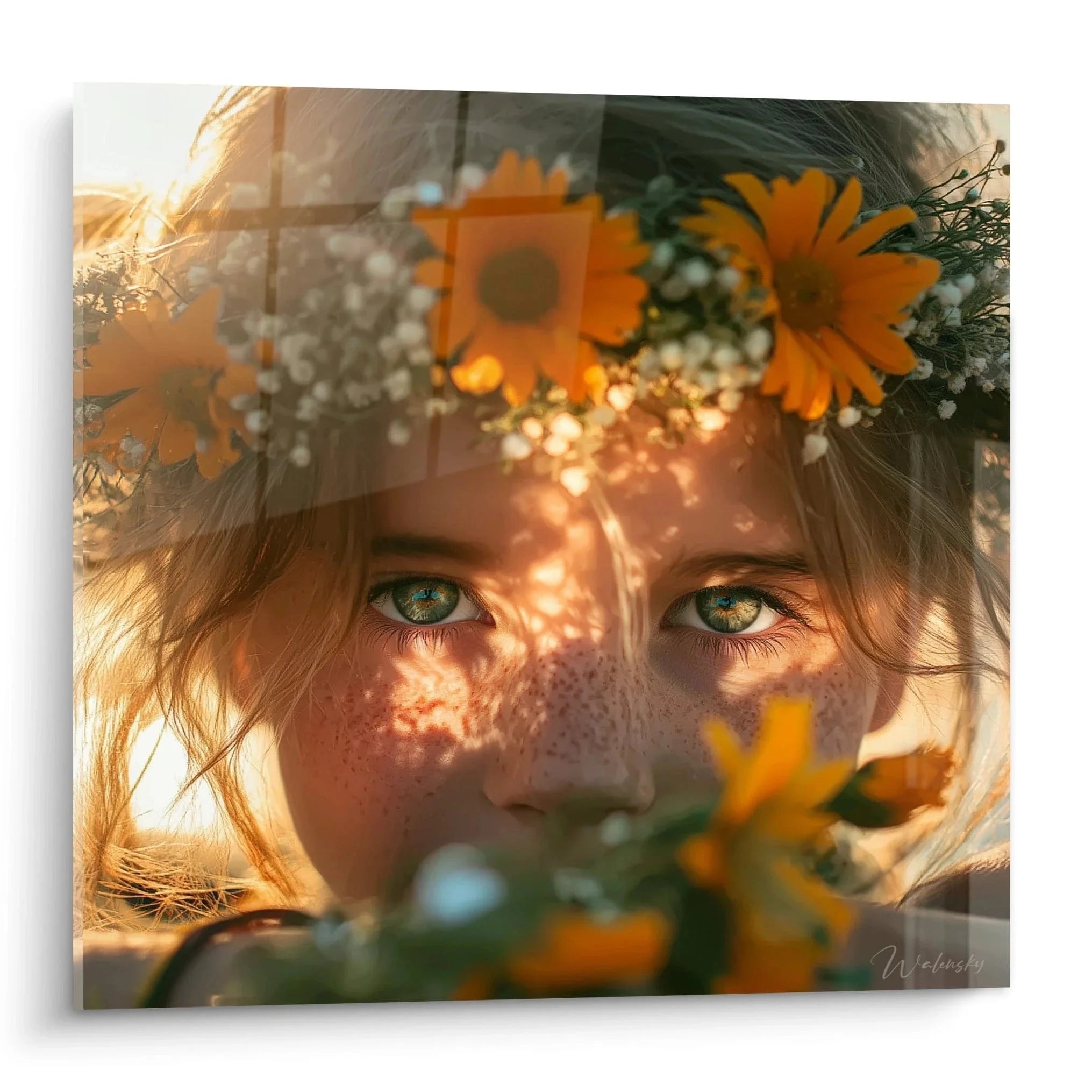 Wandbild Sommerportrait Frau mit Gänseblümchen Blütenkranz im goldenen Sonnenlicht Edition Sommer