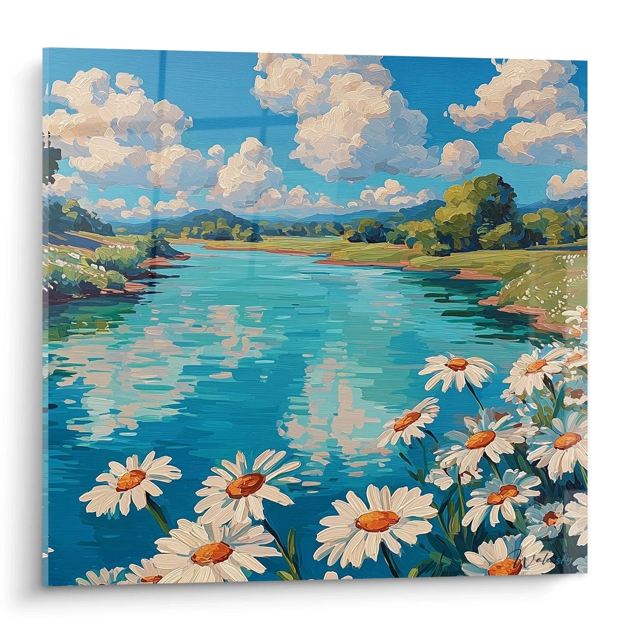 Wandbild Sommerwiese mit weißen Margeriten am blauen Flussufer, idyllische Landschaftsmalerei Edition Sommer
