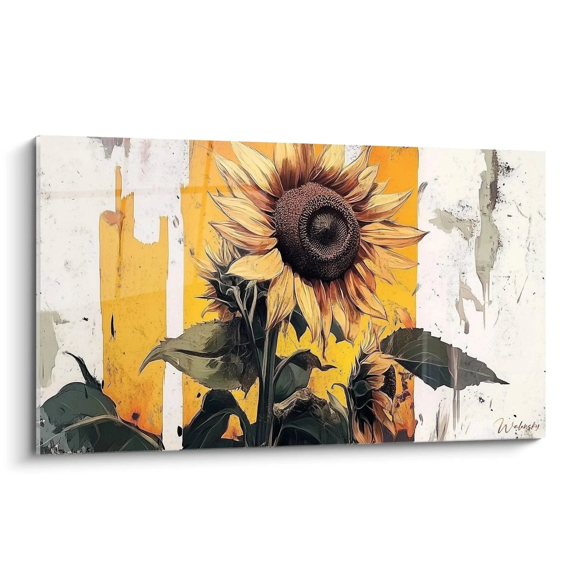 Wandbild abstrakte Sonnenblume mit modernen Pinseltechniken in Gelb und Orange