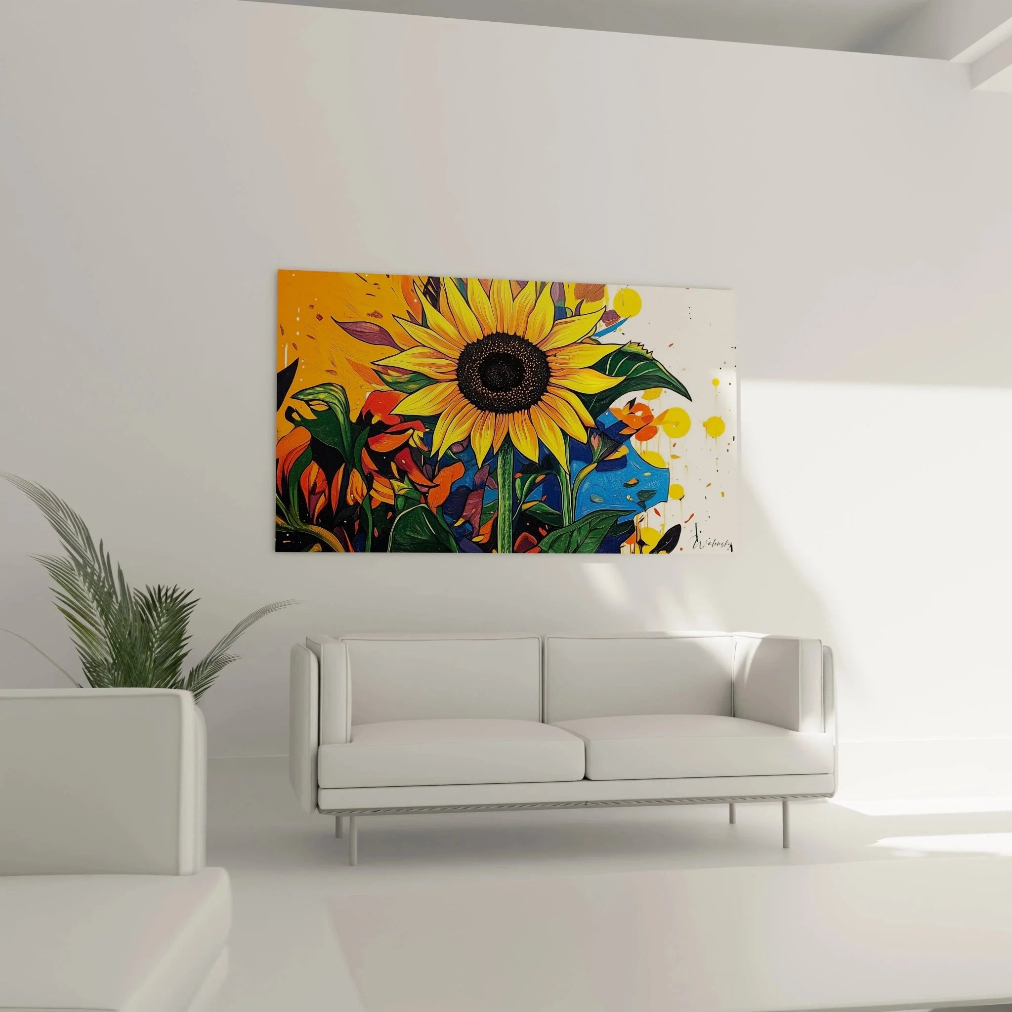 Nahaufnahme abstrakte Sonnenblume Wandbild - detailreiche Darstellung der gelben Blütenblätter und Farbspritzer