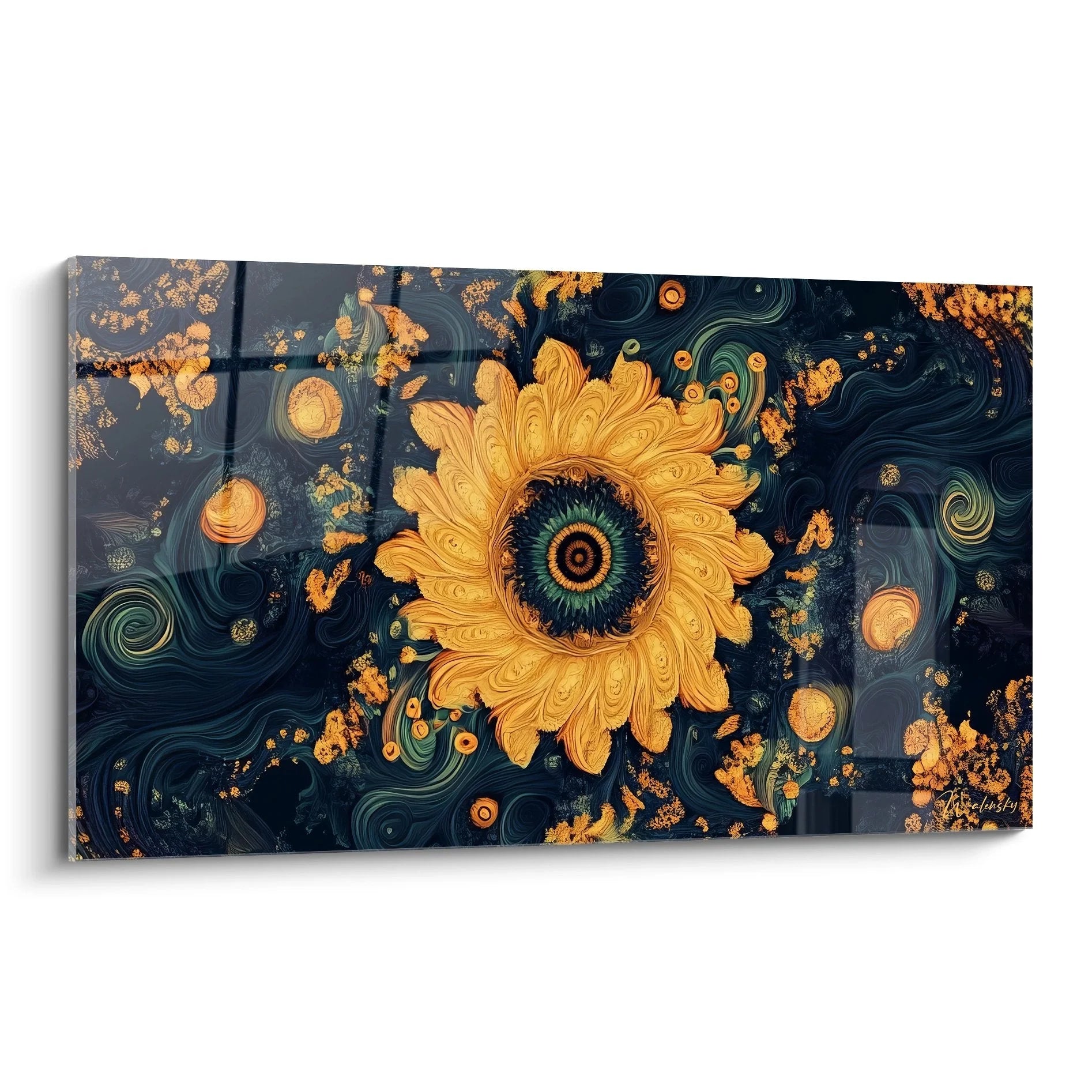 Wandbild Sonnenblume Fraktal mit goldenen Blütenblättern und kosmischem blauen Hintergrund